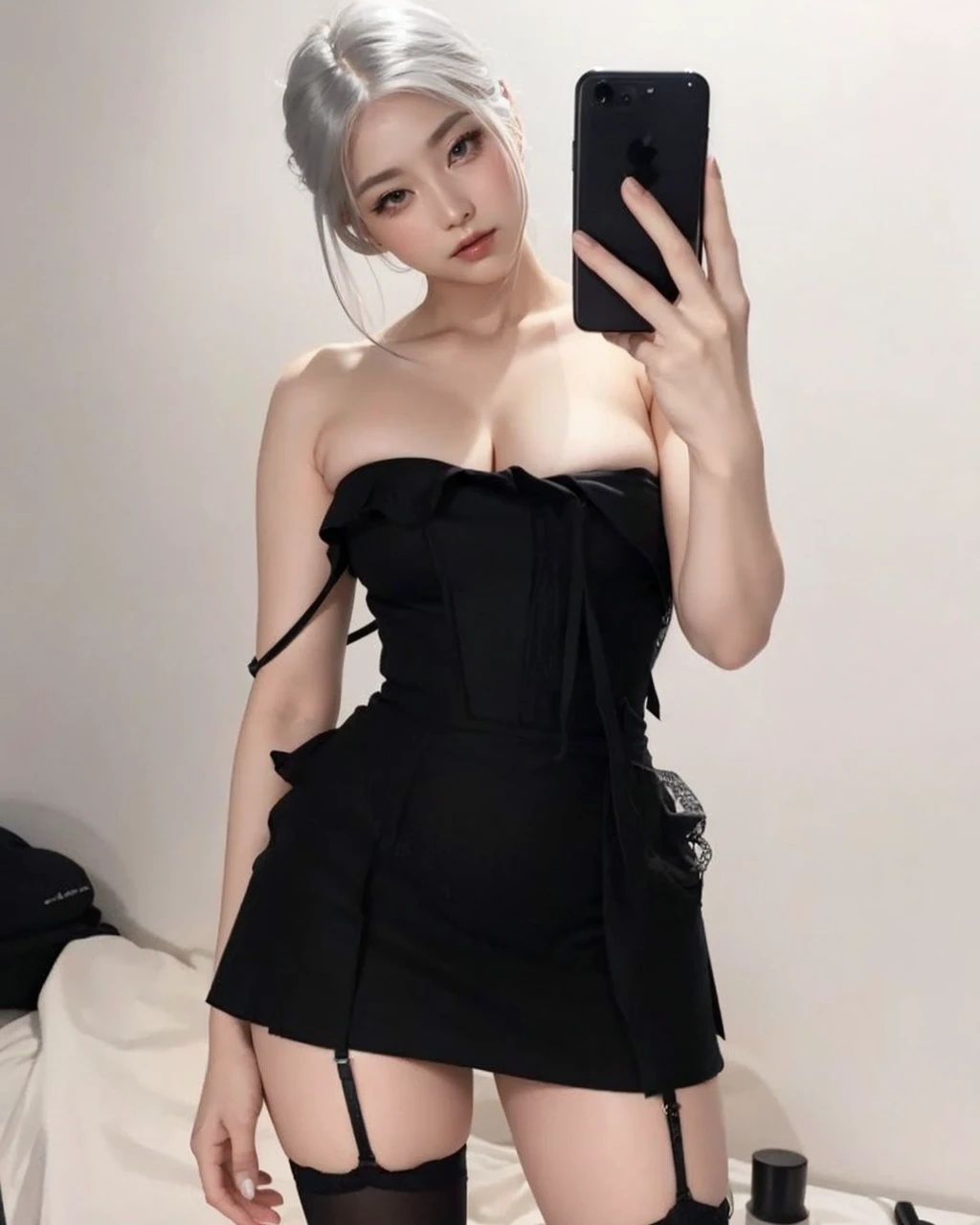 white hair, neckline, wavy hair, big breasts, pale, korean light makeup, thick thighs