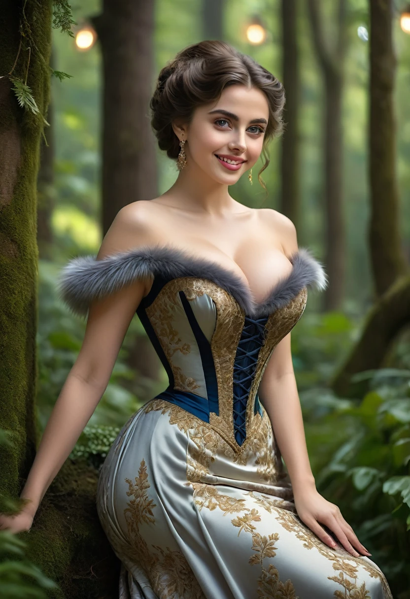 A beautiful aristocratic woman with a large, elegant, hawk-like nose, embodying old-fashioned class. She wears an under-shoulder dress with a hemmed bodice, and the hem of the dress features fluffy animal fur. The woman exudes sophistication and elegance, as well as wholesome, natural beauty. She has a curvy figure with a thin waist and wide, swaying hips. Imagine Alison Brie, Scarlett Johansson, and Selena Gomez. The woman is dressed in an opulent, historically accurate Victorian dress. She has a wide smile, detailed and wide eyes, and is striking a sexy pose. The scene is in Ultra HD, with Rococo-inspired fantasy art featuring intricate details. Her dress is cute, and she has a charming expression and an alluring gaze, looking at the viewer with beautiful eyes. She has an ideal figure with large, youthful, well-shaped breasts and an attractive ass showcased. The décolletage highlights her massive, round bosom. Her slim waist and fit body complement her full lips. The setting features warm lights, placing the woman in a dreamy forest at night, with fluffy hair and a delicate face. The image is realistic and photorealistic, with large aperture, sexy shots, and attractive poses. The symmetrical face, photorealistic photography, path tracing, specular lighting, and volumetric face light enhance the details. The scene is captured in maximum quality, masterpiece, 8K high resolution, and top quality.