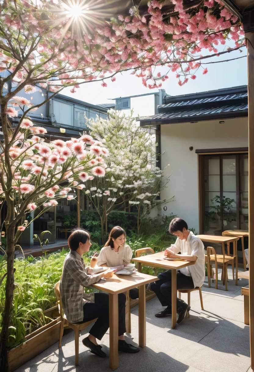 wood、Grass、An open cafe surrounded by flowers オープンカフェで大peopleや子供が勉強や仕事をしている。Natural daylight、people々are smiling happily and talking There is a long desk An open-air cafe in the middle of nature The sunlight pours in The is studying Adults are working 大peopleと子供が話をしている 大peopleと子供は笑顔 子供は16歳の男の子2peopleと女の子2people 20歳の男性と女性3peopleずついる 40歳の女性が2peopleいる 30歳の男性が3peopleいる Many gerbera flowers in bloom