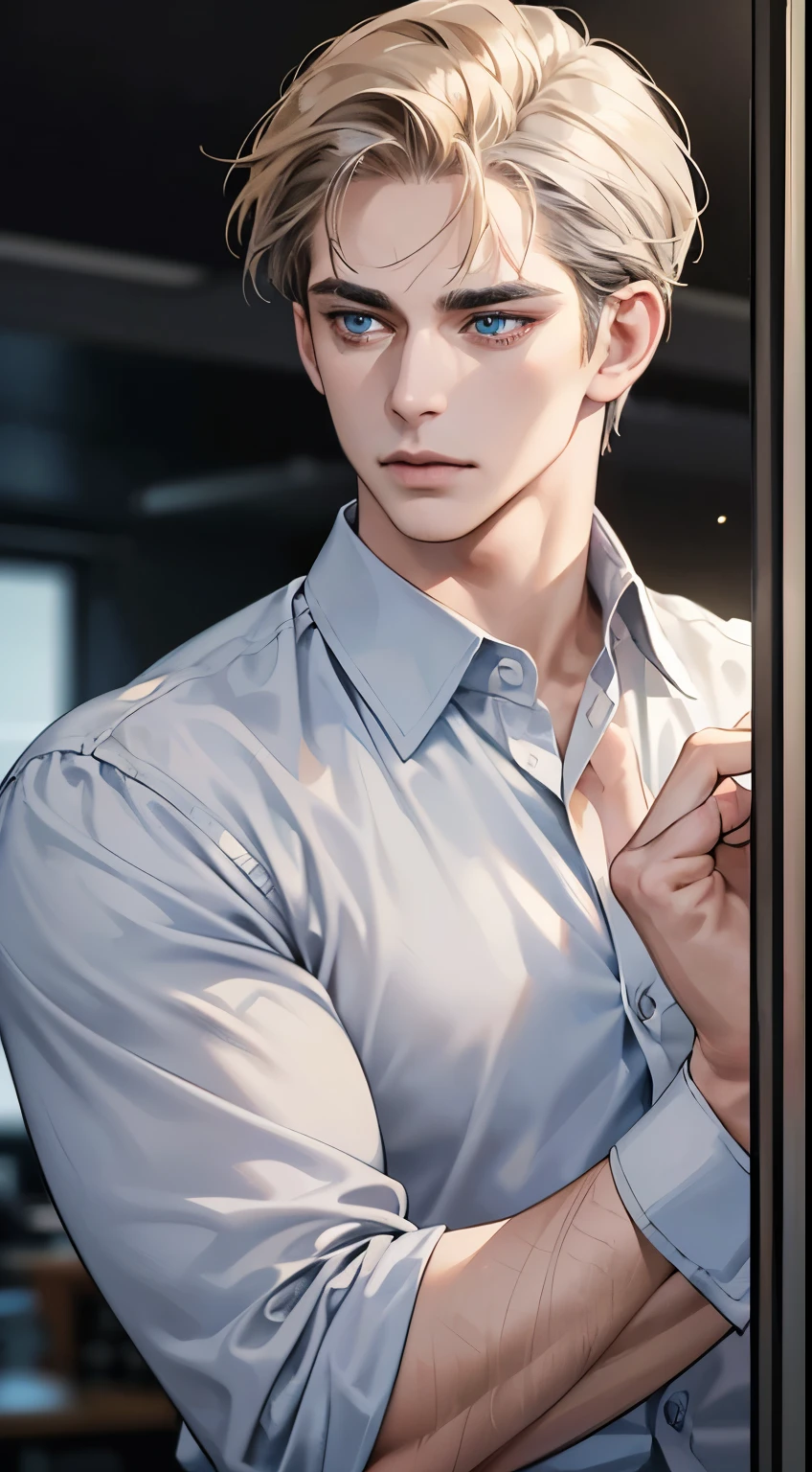 (best quality, masterpiece, 8K, photorealistic, cinematic lighting, hdr image, ultra detailed, beautiful image), 1 man, 31 years old, mature man, very handsome, (without expression, serious), short golden hair, blue grey eyes ( penetrating gaze), perfect face without errors, imposing posture, without errors, businessman, office background