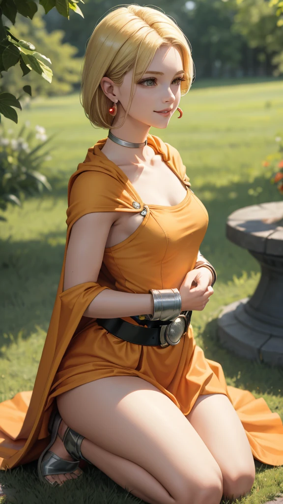masterpiece, Highest quality, DQ Bianca, Single Blade, Earrings, choker, Blonde, Orange Cape, Green Dress, belt, Kneeling, look up, Hands Behind Back, Facing forward, Small breasts, Upper Body, From the side, smile, fist