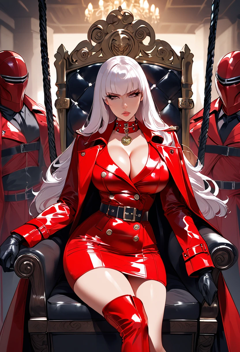 Femdom pretty domination girl with , upper class, luxury, triad female leader, Known for her impeccable fashion sense and elegant demeanor, she is a true embodiment of the Versace brand. Her body language is as captivating as her style dressed all red shiny rubber trench coat with (((dramatic high coat collar))) (((high and wide popped coat collar))), showcasing a unique combination of elegance and strength.  leather gloves and boots, elegant sit pose on throne, holding a whip, in  room basement, surrounded and whorsip by  men