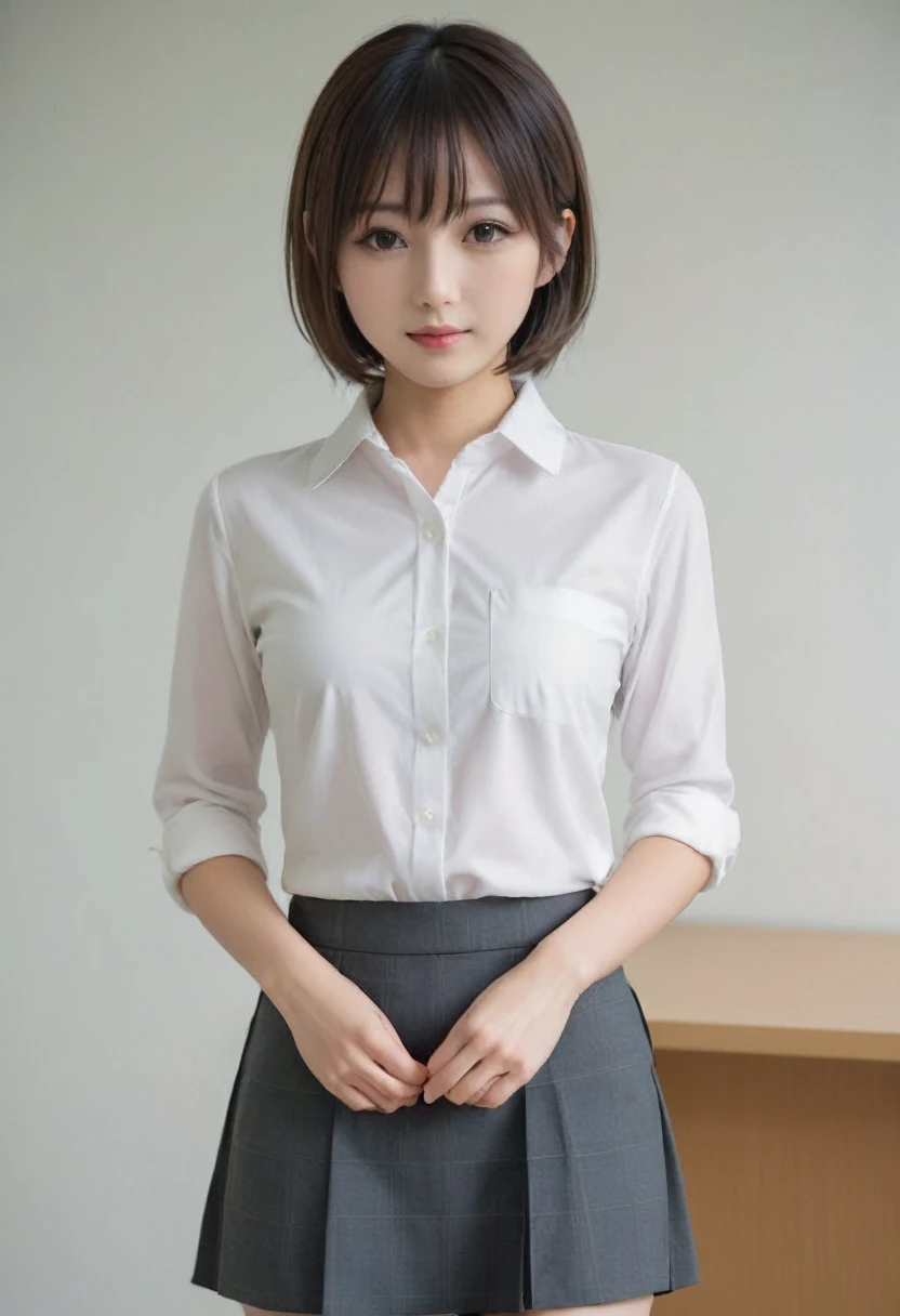 1girl,japanese cute girl,a photography of a beautiful girl,black eyes,cute,medium bob hair,
within the company,working office,work clothes,glimpse,erotic ass,whole body,no make-up,intricately detailed,bangs, slim, medium breasts, neat_and_clean beautiful cute friendly face, 28 yo, perfect body shape, shirt,erotic legs,back,