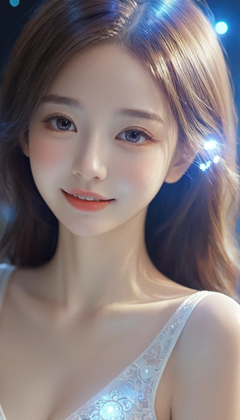 ((THE MOST BEAUTIFUL GIRL IN THE WORLD),, (AGE 14 YO), (LARGE BREASTS CAN NOT BE VIEWED BY VIEWER), (SEPARATED CLEAVAGE),(CUTE SMILE LIPS PARTIALLY OPEN SEE TEETH),(photorealistic:1.5), (masterpiece, 8k raw photo, best quality:1.4),8k,Beautifully detailed delicate face, beautiful detailed delicate eyes, perfect facial proportions, high-detailed skin,Composed of ,empacado_partículas,empacado_líneas,Líneas de luz,partículas de luz,A girl made of partículas,The density of líneas at the finger part is high,(pelo blanco:0.3),, ((whole body, including legs)),((Standing)),(open thighs),(open legs), 