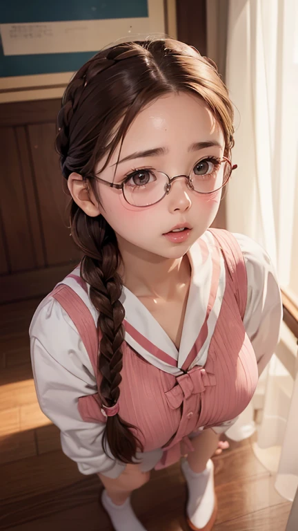 1 Female,Brown Hair, ,((Anxious expression)),Beautiful breasts、、Stylish,,(Look forward)(((Blushing、Surprised expression)),(((Braid))),((( Full body portrait)))Frameless Glasses