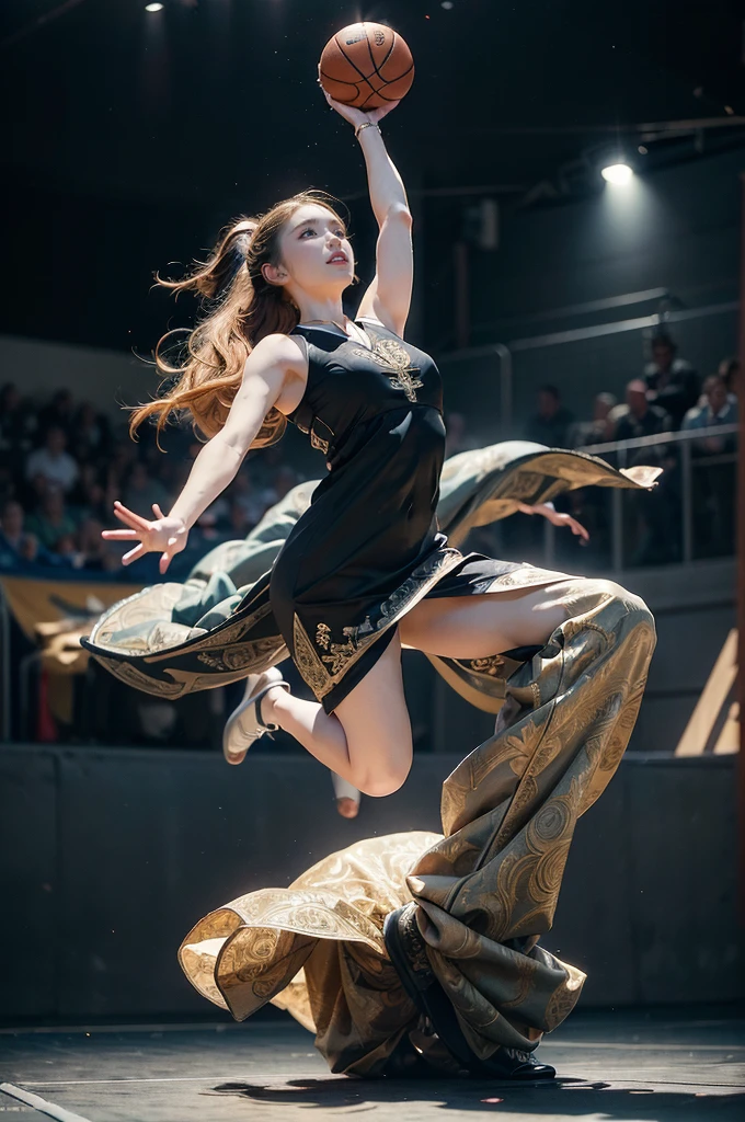 (Athlete), At the basketball scene, the dunking athlete in the air, movement coordinated, and the surrounding audience cheers excitedly. The background is the audience stand and the dunking circle, full body, (Photography), panoramic view, award-winning, cinematic still, emotional, vignette, dynamic, vivid, (masterpiece, best quality, Professional, perfect composition, very aesthetic, absurdres, ultra-detailed, intricate details:1.3)