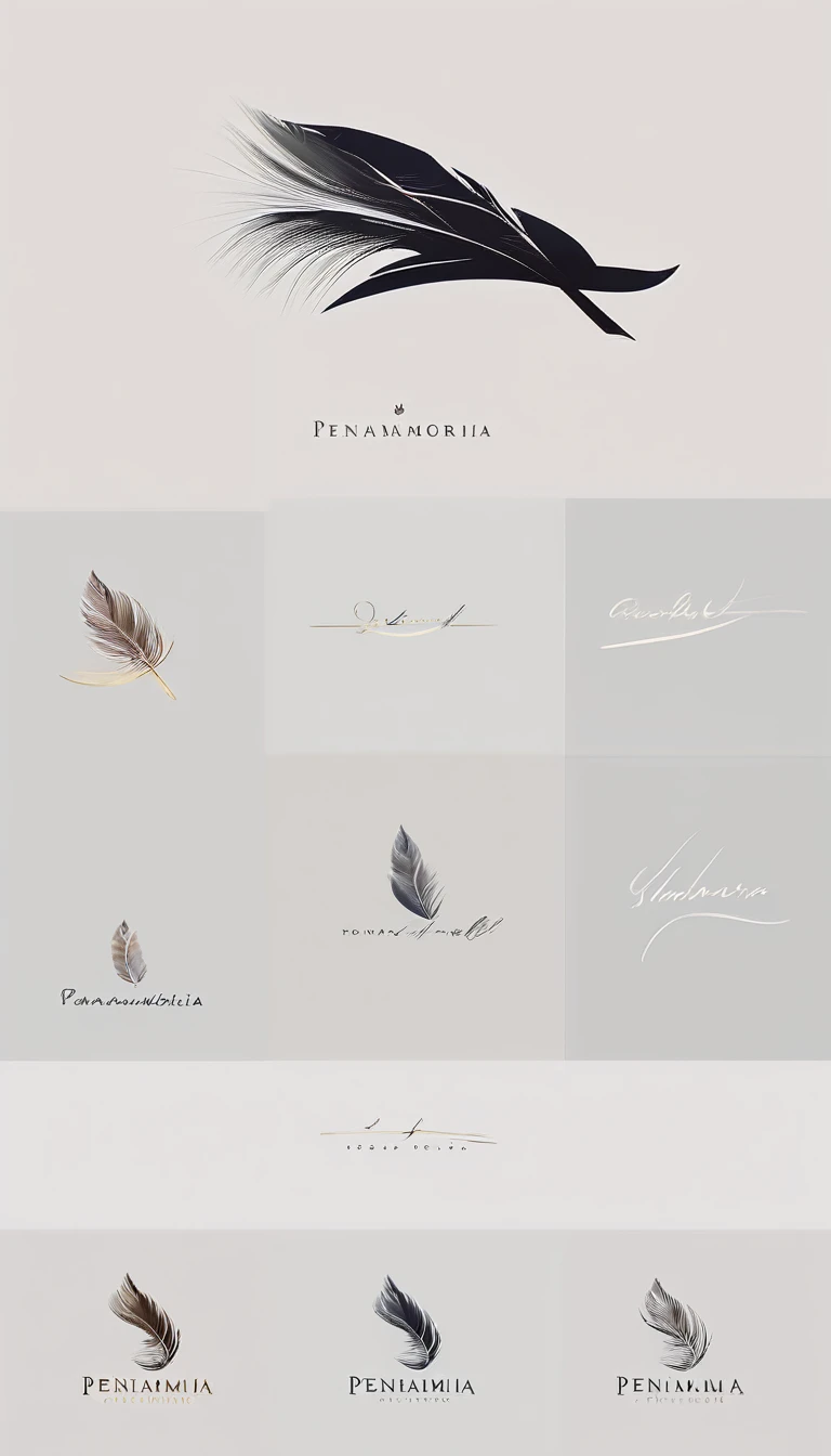 A minimal, modern, simple, cinematic logo design for the brand “Penamemoria". Create a modern, minimalistic, high-quality, logo of a dreamy. fantastic, poetic, masterpiece feather of Memories