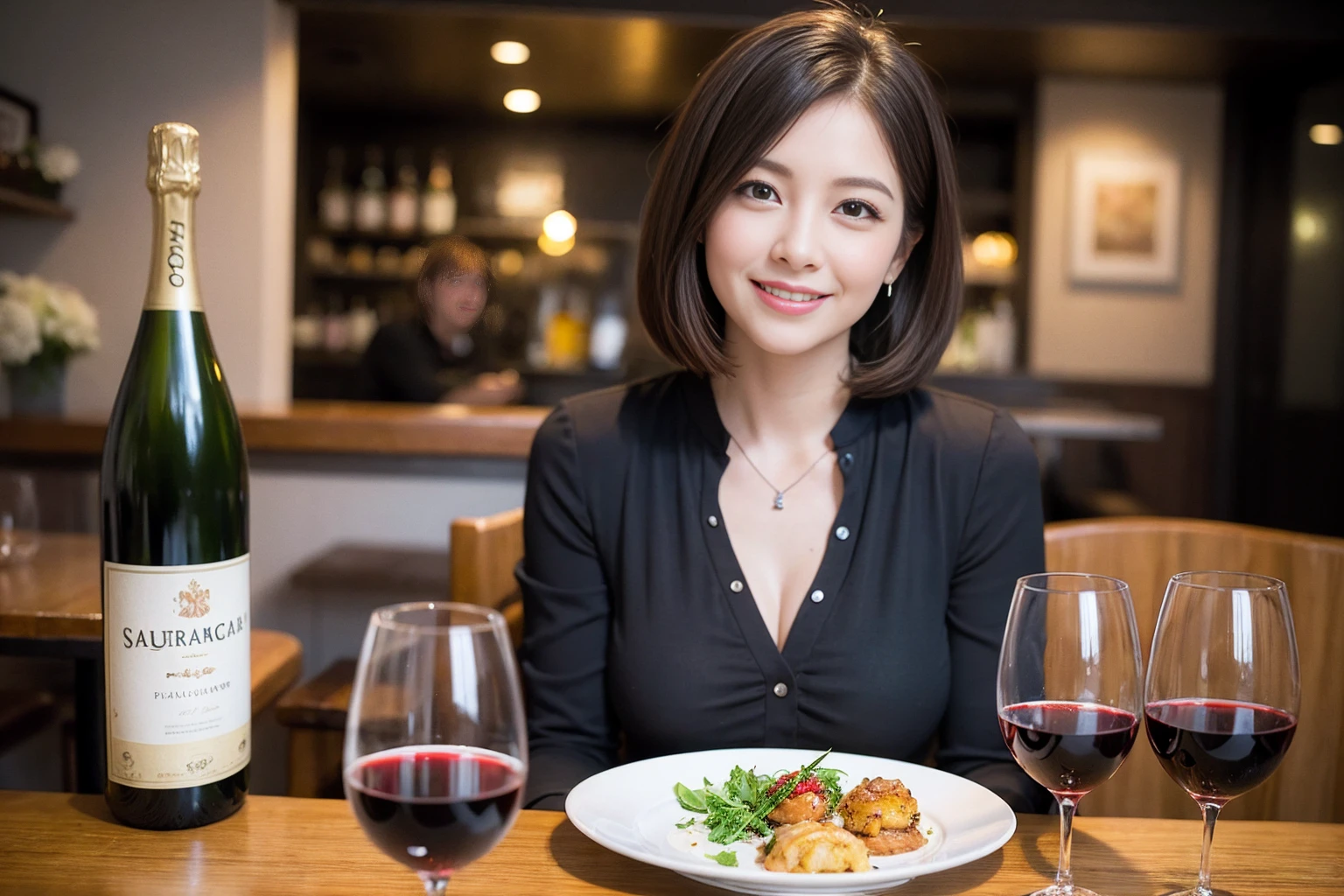 ((Highest quality、8K、masterpiece:1.3))、Shortcuts、cute、slimカップル、modelカップル、actress男優、(Realistic, Intricate details:1.2), full-course dinner、Wine Party、Amazing view of the sunset sky and clouds、A bright smile、short hair,Bright Face、45 years old), 42 years old, red wine 、Appetizers、Italian food、Wine bottle、Champagne、sparkling wine、Two beauties、Brown Hair、Shortcuts、Long sleeve shirt、dress、Beautiful woman 1, (slimな顔), (The body is slim), (Brown Hair), (Shortcuts), cheeks turn a little red,Attractive beauty、restaurant, In a prominent place (From the waist up) Nova Frog Style, actress, model, Upper Body, White wine, slim, wine glass, 中央に置かれたwine glass, smile, (smile: 1.15), Beautiful fine grain, Depth f/2,saturation, High Contrast, Strong light and shadow,Moist Body:1.5、3D texture、Delicate eyes、Brown Hair、The hair is very shiny、