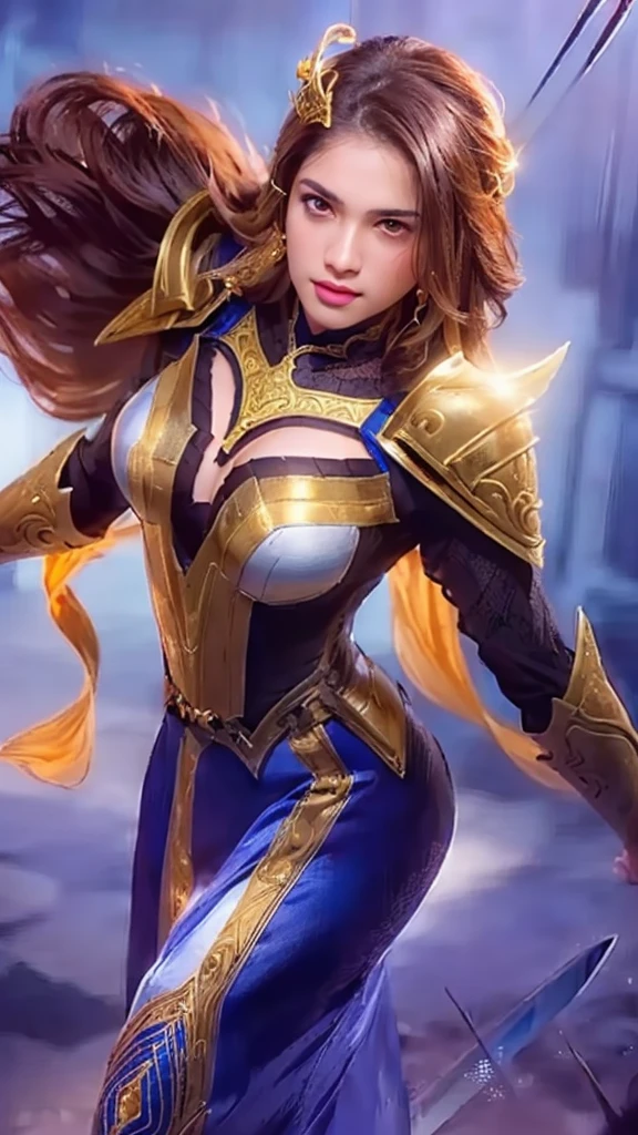 a woman in a blue and gold outfit holding a sword, portrait knights of zodiac girl, highly detailed, realistic, intricate details, volumetric lighting, elegant, cinematic, dramatic, epic scale, rich colors, chiaroscuro lighting, ornate armor, flowing cape, determined expression, intense gaze, fantasy, digital painting, concept art, award-winning