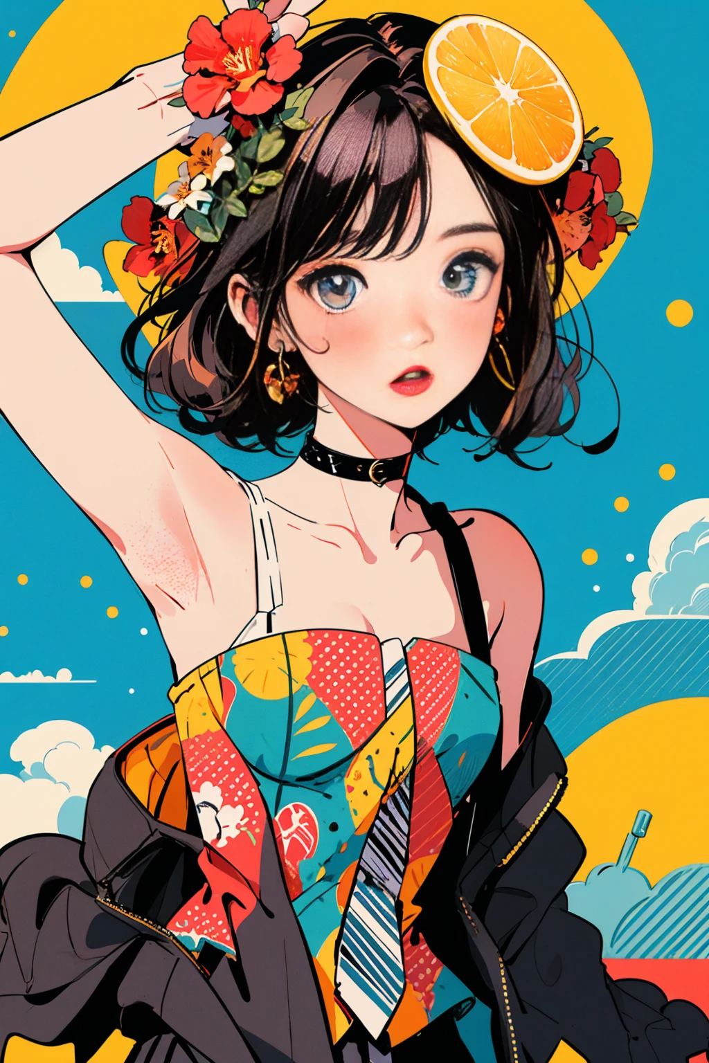 (masterpiece:1.2), Highest quality,Pixiv,Surprised girl,Portraiture,Tank top、19 years old、((((Midsummer clothes、Full body portrait))))、Shorts、Pop Art