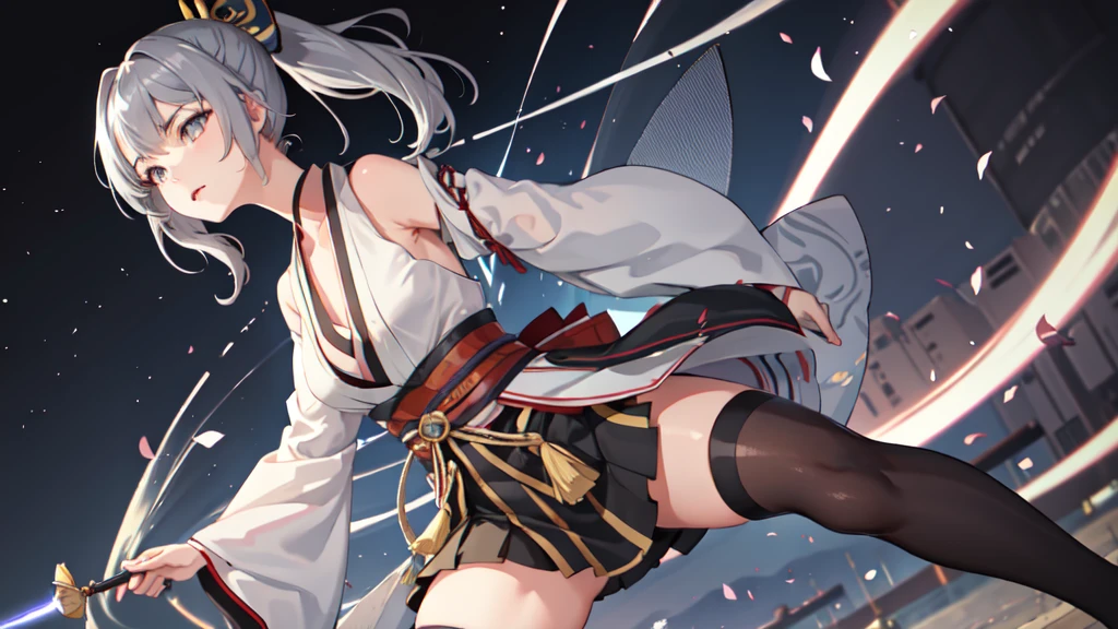 One girl, kimono, ponytail ,Gray Hair, Grey Eyes, wallpaper, landscape, Depth of written boundary, night, Particles of light, light, Side Lighting, Thighs, destiny \(series\), Genshin Impact, Open jacket, skirt, Knee socks, cloud, Shinsengumi,