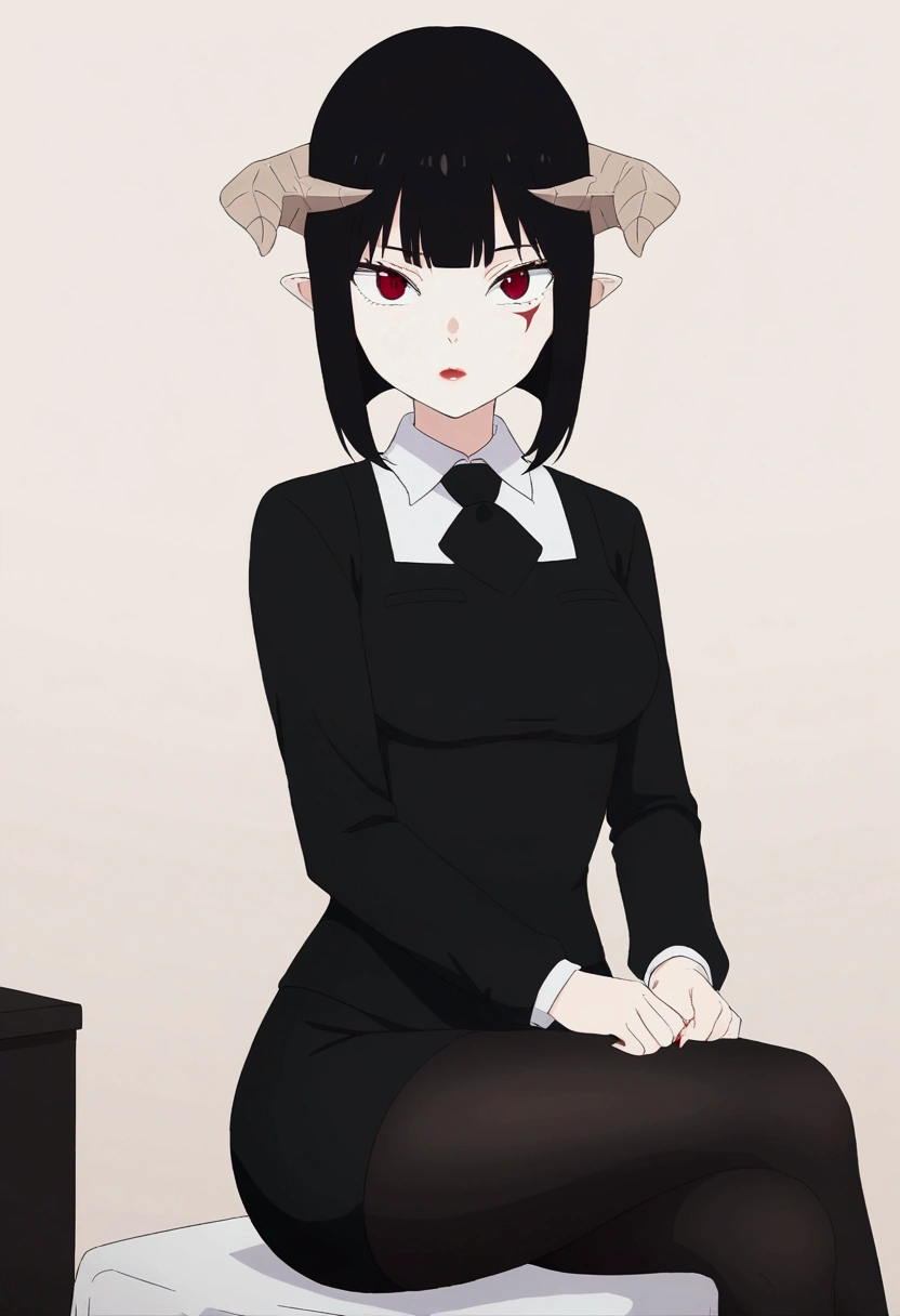 work of art, best qualityer, ultra detali, illustration, colorfully, flat colour, Depth of field, 1 girl, sitting down, Bblack hair, horns on head, Eyes red, , gazing at viewer, in the office, black business dress, pantyhose, black pantyhose, Detailed texture skin, detailed cloth texture, beautifull detailed face