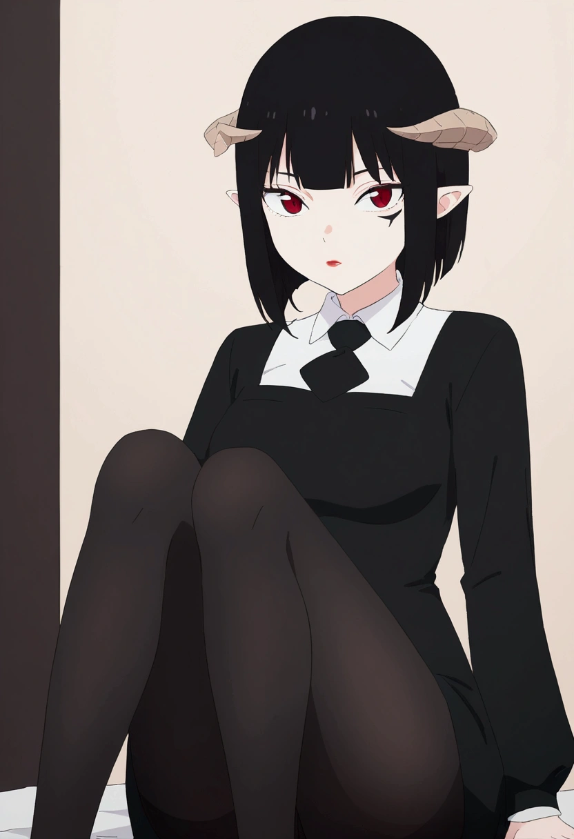 work of art, best qualityer, ultra detali, illustration, colorfully, flat colour, Depth of field, 1 girl, sitting down, Bblack hair, horns on head, Eyes red, , gazing at viewer, in the office, black business dress, pantyhose, black pantyhose, Detailed texture skin, detailed cloth texture, beautifull detailed face
