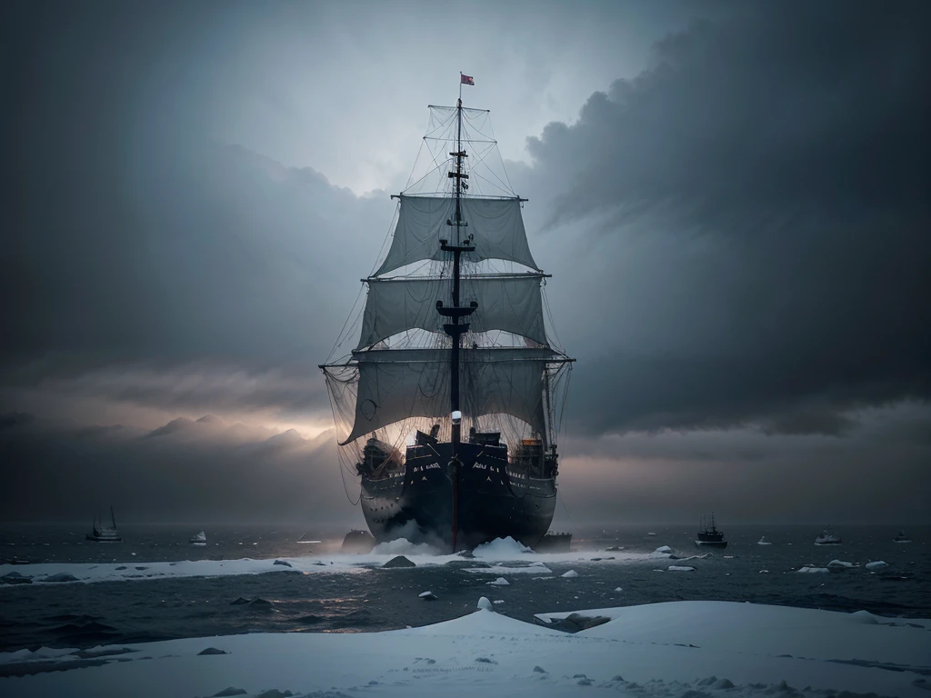 Render a ghostly ship sailing through thick fog, with its eerie silhouette and tattered sails hauntingly visible, surrounded by the surrounded by the full of snow-covered trees in the arctic mountains, 8k, full vivid color, hyperdetailed