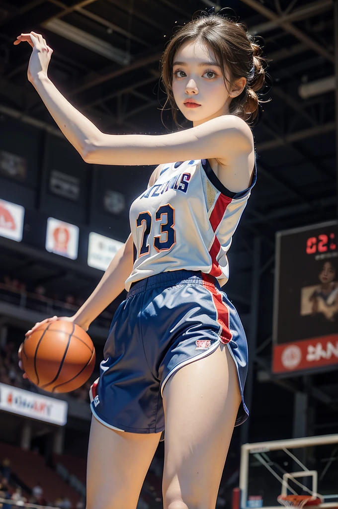 (((best quality))), (((ultra detailed))), (((masterpiece))), illustration, ((1girl,female basketball player,solo)),(slam dunk:1.3),(hands on the basket:1.3), intensity, determined expression, flushed face, perspiration, almond-shaped eyes, mesh jersey, team name and number, form-fitting shorts, athletic build, high-top basketball shoes, indoor basketball gym, well-lit, wooden floor, scoreboard, spectators, stands, action, impact, ball through the hoop, victory, achievement, dedication, skill,(basketball:1.3)