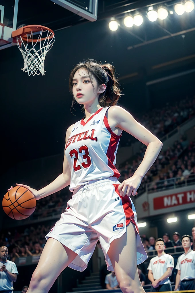 (((best quality))), (((ultra detailed))), (((masterpiece))), illustration, ((1girl,female basketball player,solo)),(slam dunk:1.3),(hands on the basket:1.3), intensity, determined expression, flushed face, perspiration, almond-shaped eyes, mesh jersey, team name and number, form-fitting shorts, athletic build, high-top basketball shoes, indoor basketball gym, well-lit, wooden floor, scoreboard, spectators, stands, action, impact, ball through the hoop, victory, achievement, dedication, skill,(basketball:1.3)