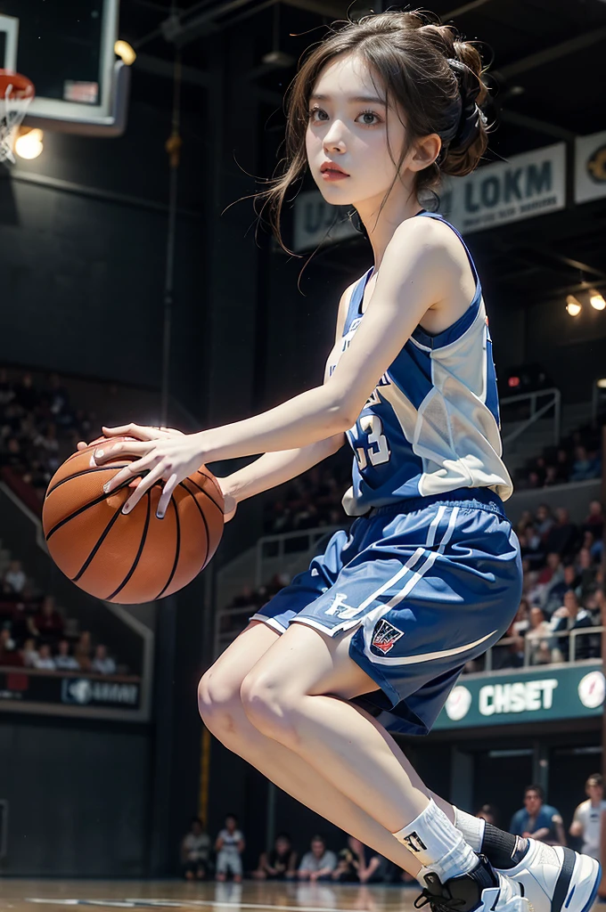 Three fitness bodybuilding abs immature junior high school girls, basketball court playing, bikini