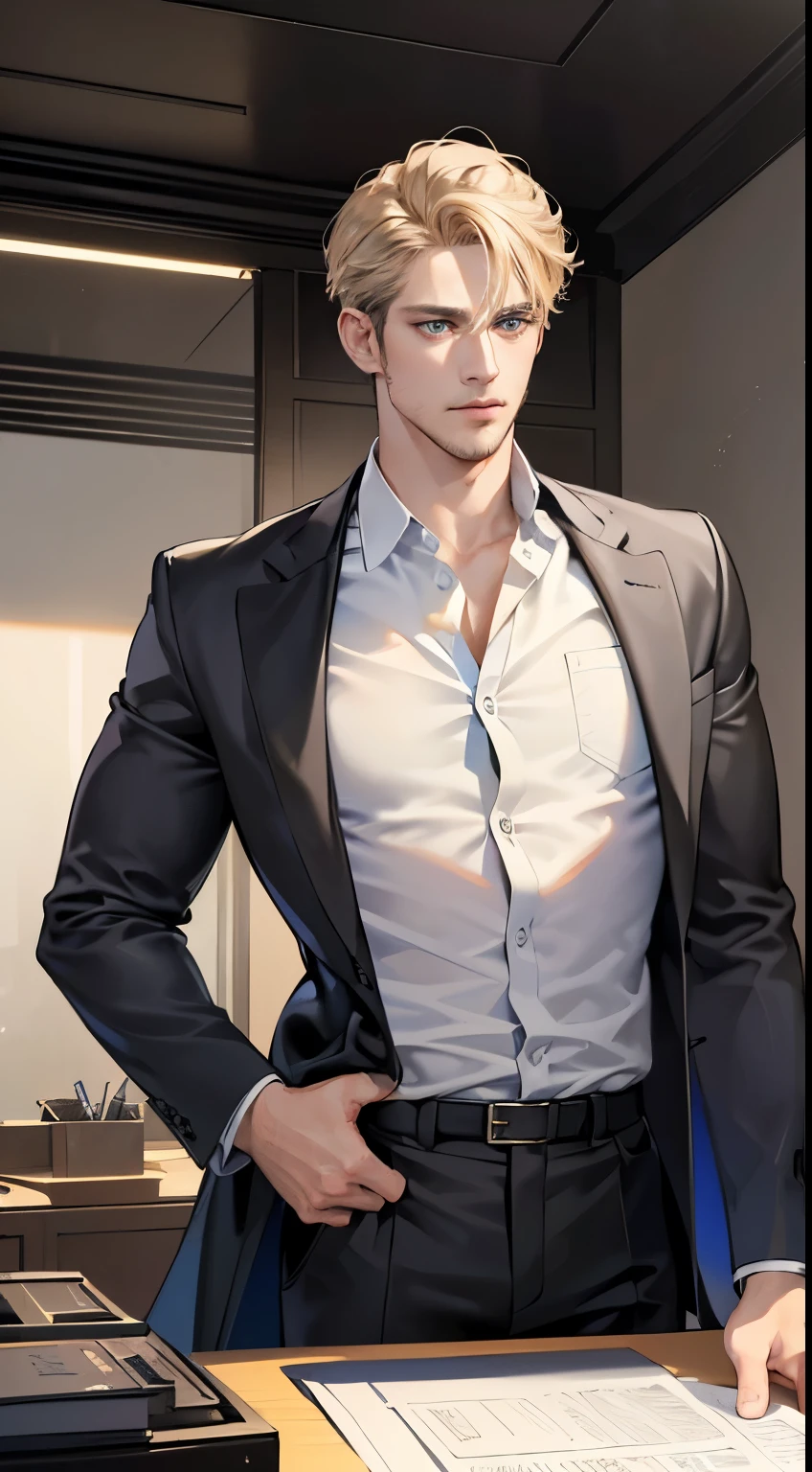 (best quality, masterpiece, 8K, photorealistic, cinematic lighting, hdr image, ultra detailed, beautiful image), 1 man, 31 years old, mature man, very handsome, (without expression, serious), short golden hair, blue grey eyes ( penetrating gaze), perfect face without errors, imposing posture, without errors, businessman, office background