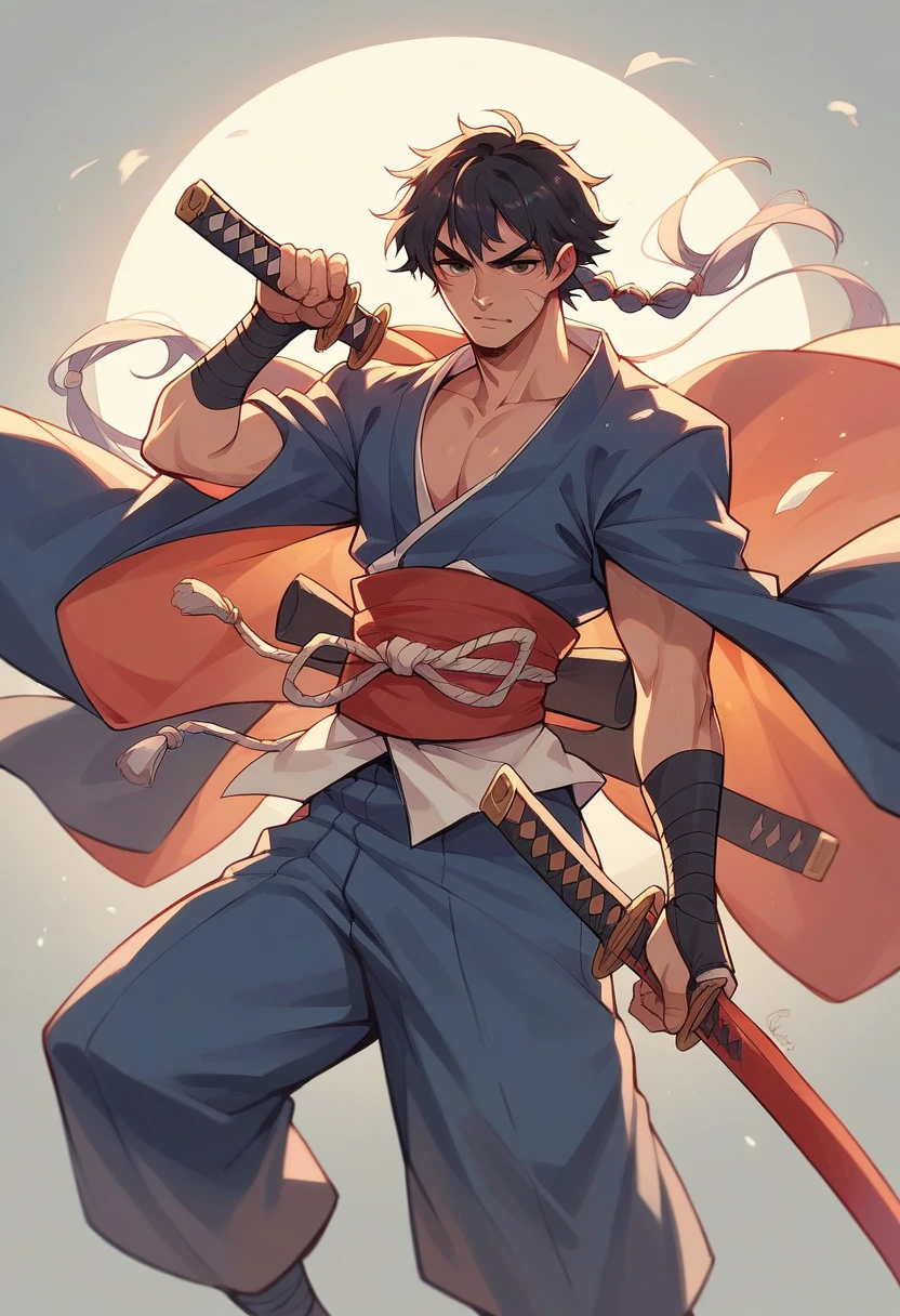 Man standing with sword, manifestation of dragon ,smoke surrounding , white background