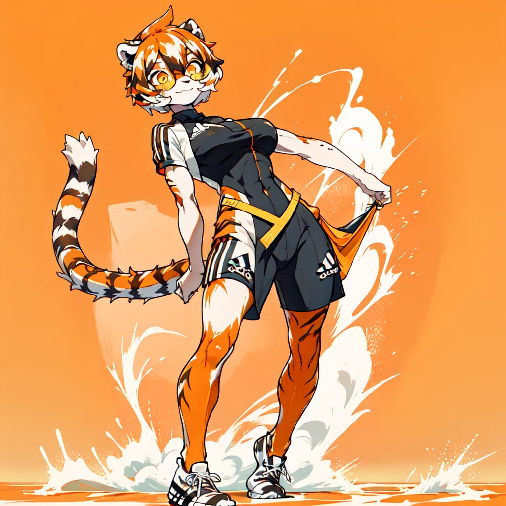 white background, full body, ((furry female:1.2)), Standing, animal ears, white hair, black hair, short hair, large breasts, muscle, tail, orange eyes, orange hair, multicolored hair, tiger girl, hair between eyes, tiger_ears, tiger_tail, orange-tinted_eyewear, tinted_eyewear, big breasts, evil smile, Shadows under feet, Abdominal muscles, (((Adidas outfit:1.2))),jk
