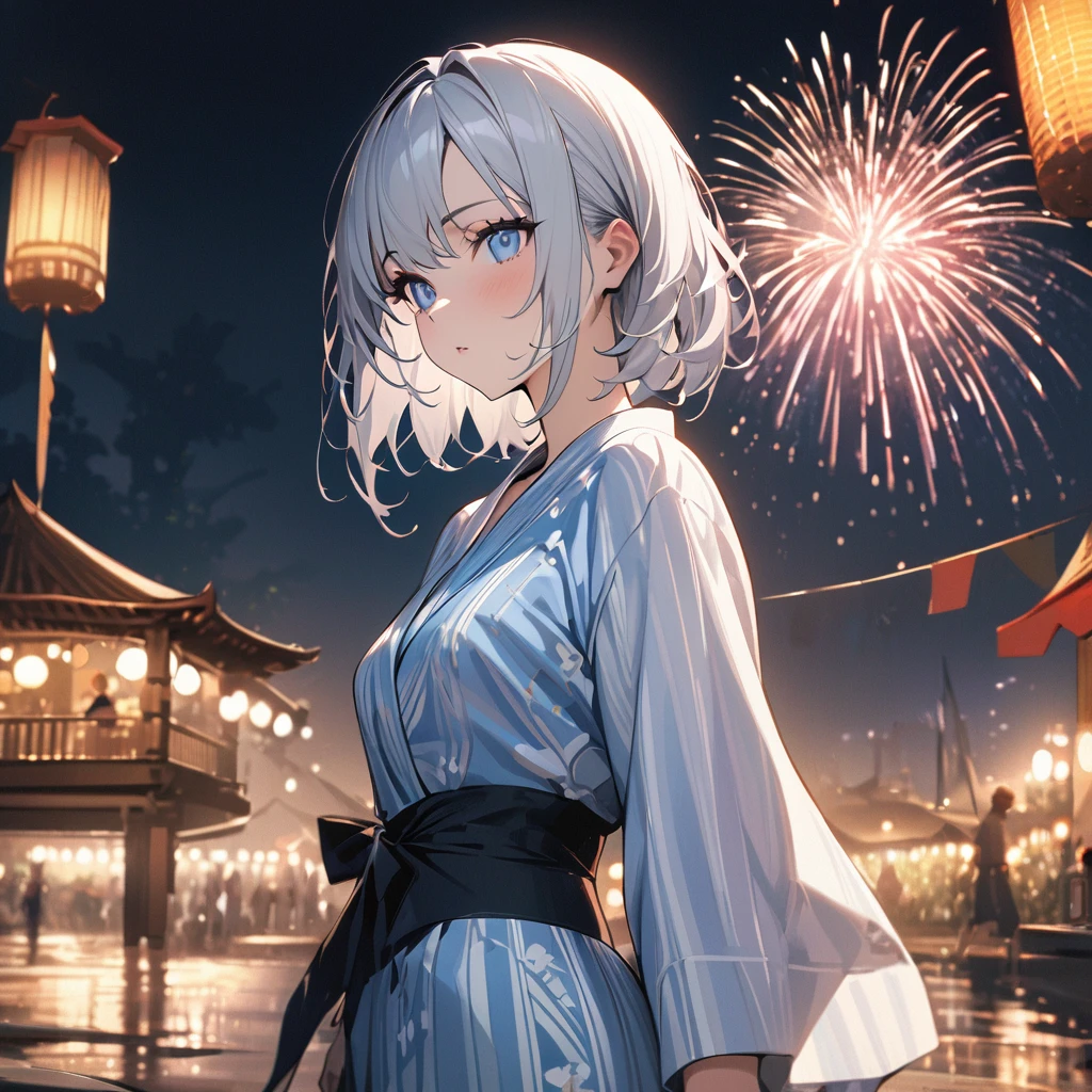 One girl、(((最high quality)), ((masterpiece)), (detailed), masterpiece, 最high quality, high quality, 超detailed, Perfect Face, ((One girl, blue eyes, Silver Bob Hair,))、Shiny Hair、Glowing Skin、yukata、Sandals、Small Breast Summer、port、firework