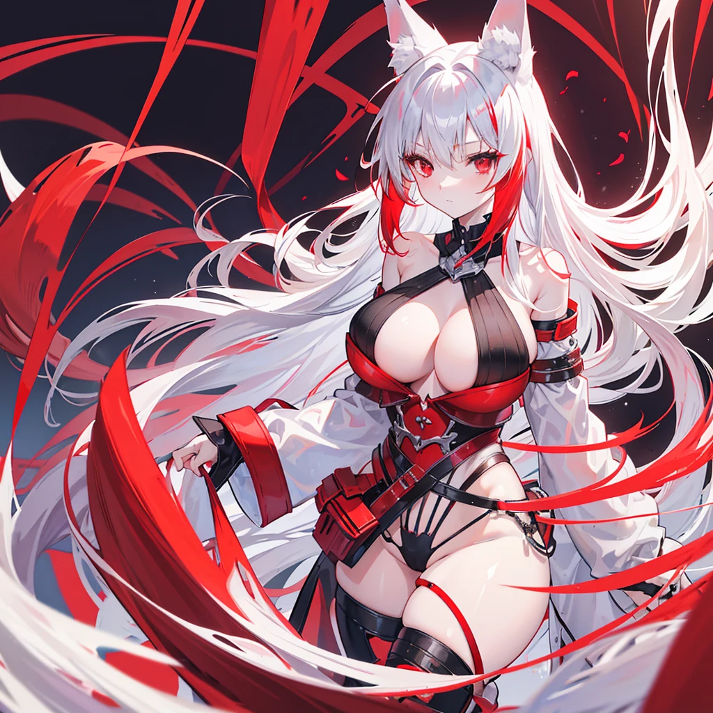 High quality, Wolf ears,Black Armor,White hair,Long hair,bangss, Seductive red eyes,Picture in motion,small tits,Love Juice,Show off female genitalia,embarrassed from,blushed face,Clenching teeth,The crotch is wet,itting open legs