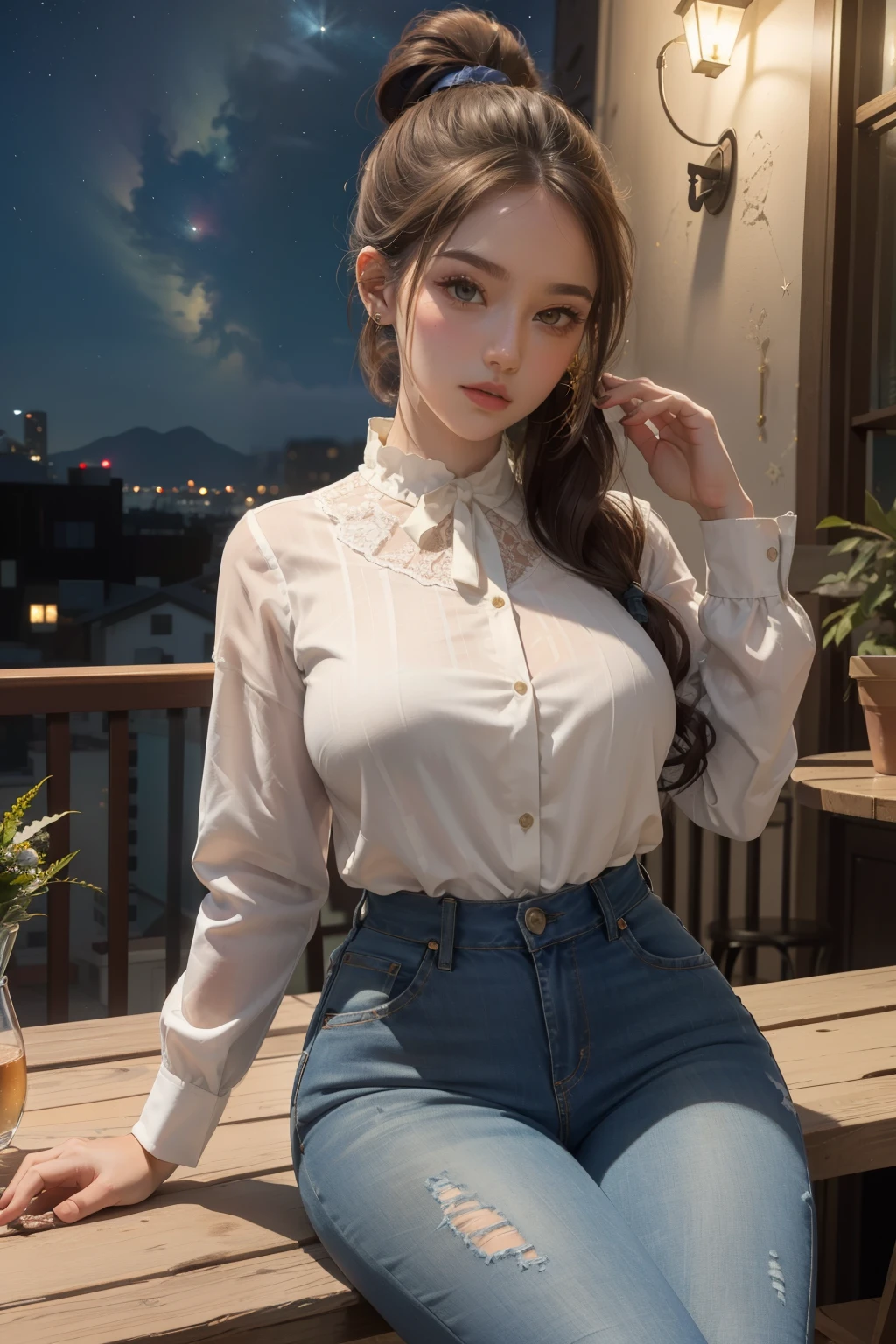 ((best quality)), ((masterpiece)), (detailed), ((best quality)), ((masterpiece)), (detailed), beatiful girl(curvy body) wearing blouse and jeans, ponytail hair style, sitting in the balcony at nights and there is a coffee on the table, moonshine and stars