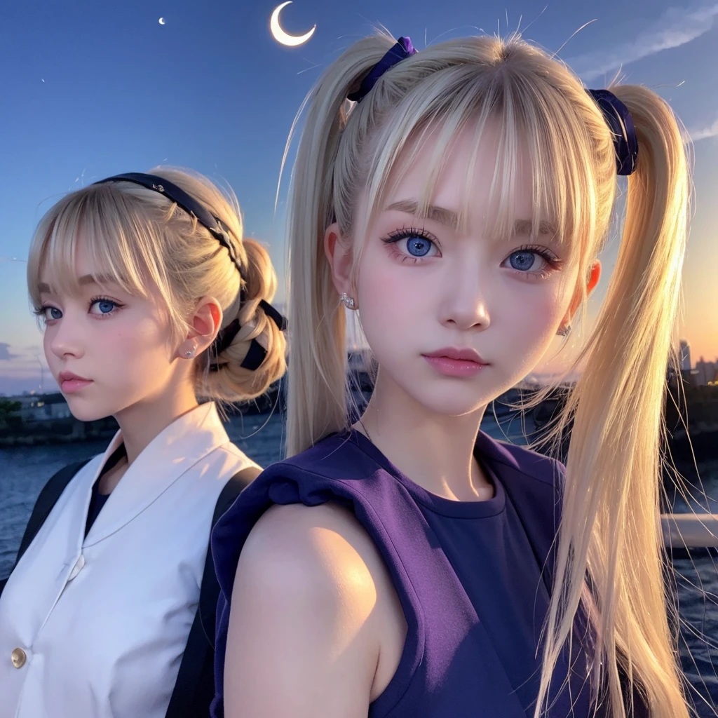 With a y2k hairstyle、Blonde twin-tail bun。Blue-eyed 90s girl。Looking at a crescent moon in a purple and navy blue sky