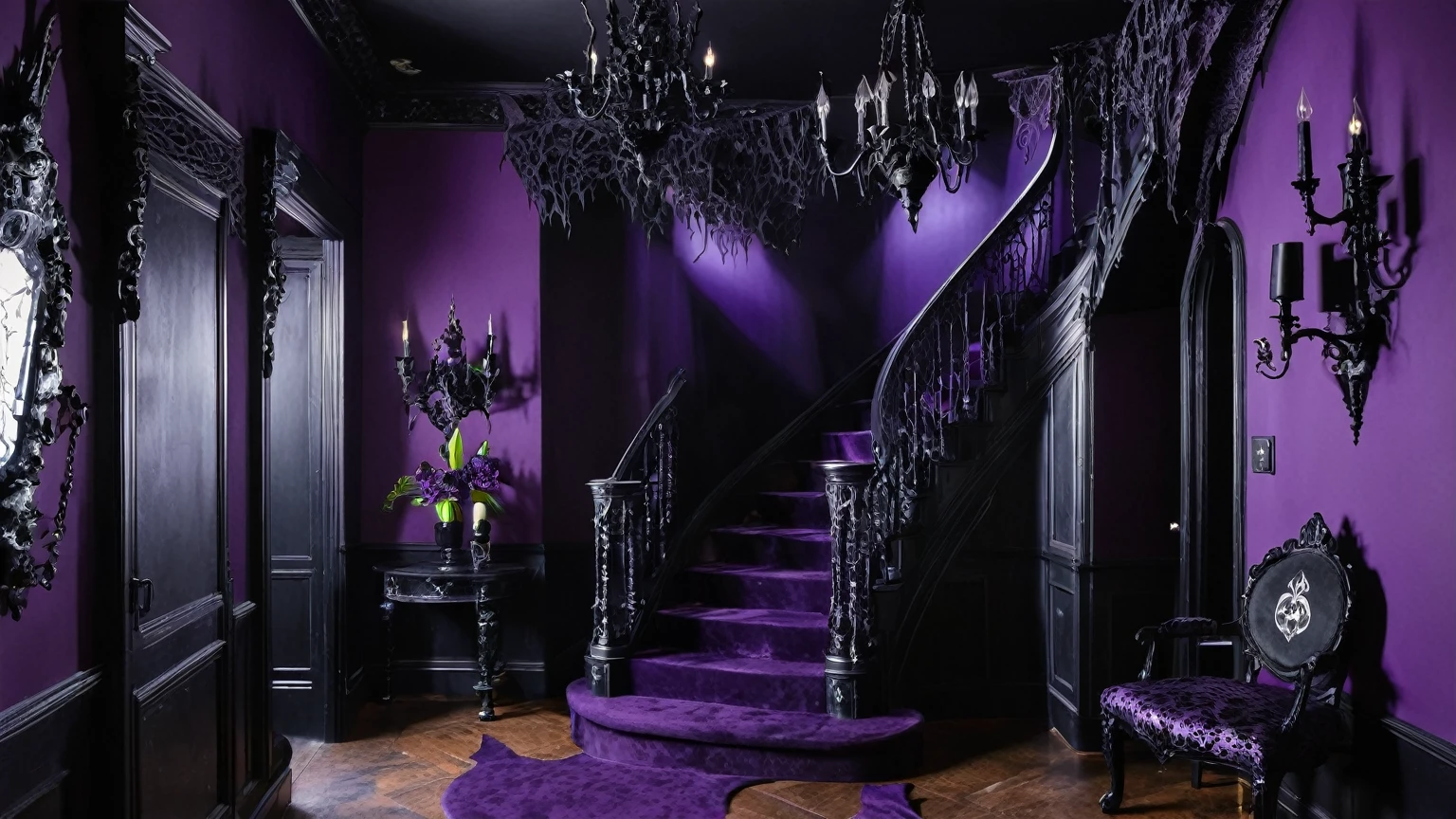 interior of a gothic themed traditional hallway with purple & black walls, dragon décor, black chandelier, haunted house, spooky, background 