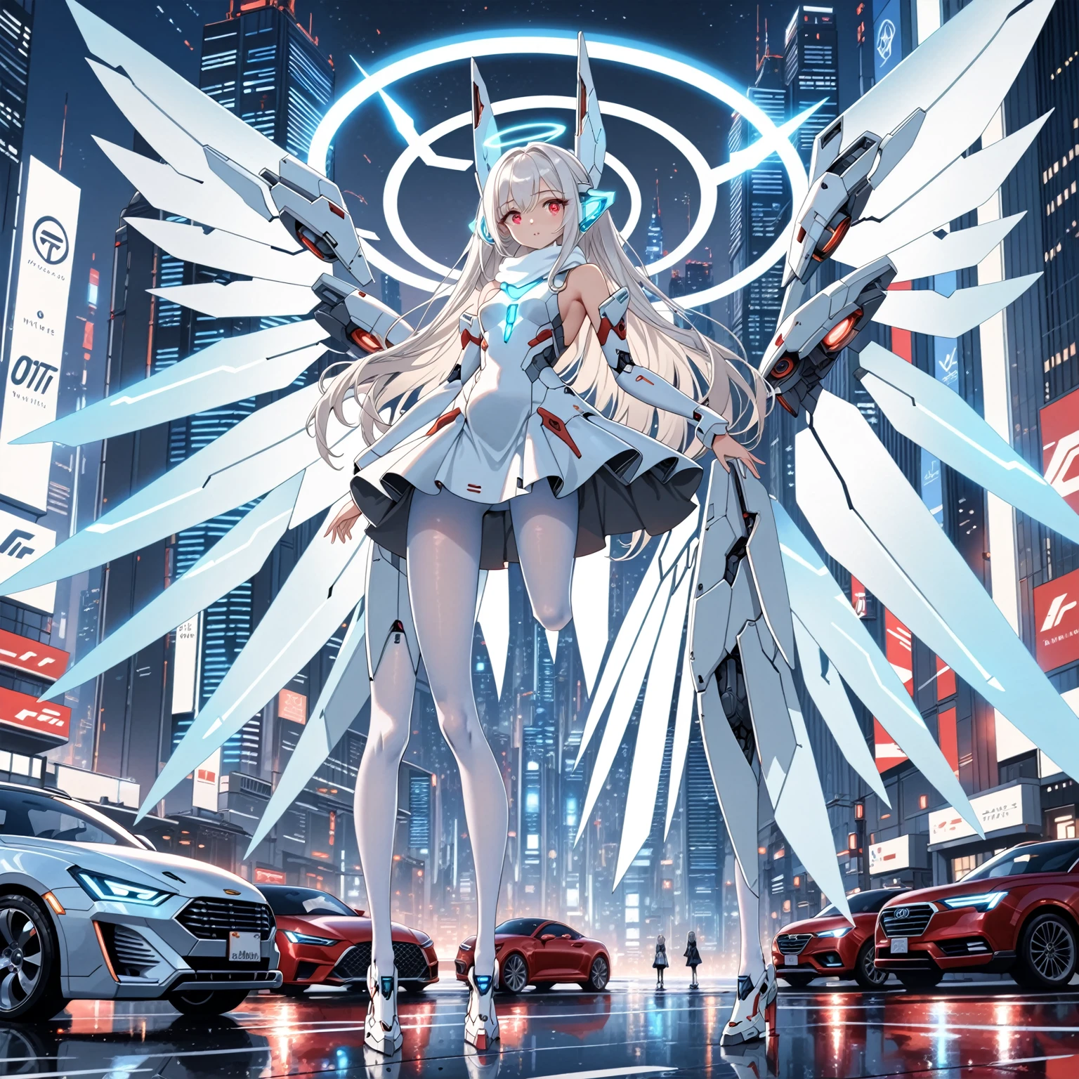 masterpiece, highest quality, highest resolution, clear_image, detailed details, white hair, long hair, 1 girl, car ears, red eyes, futuristic wings, futuristic halo, white sci fi mecha dress, white scarf (around the neck withn a light blue glow), white pantyhose, full body, no water marks, city