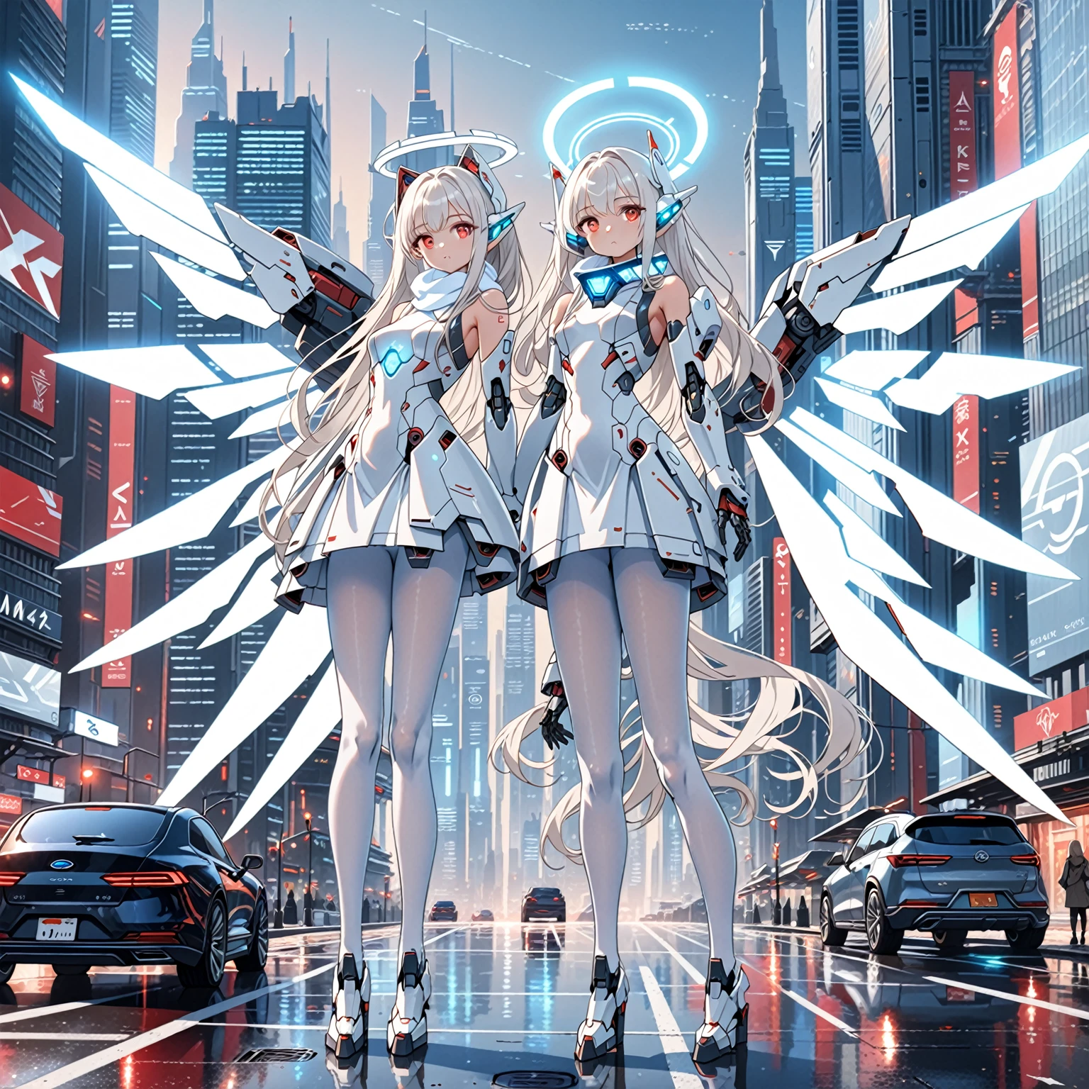 masterpiece, highest quality, highest resolution, clear_image, detailed details, white hair, long hair, 1 girl, car ears, red eyes, futuristic wings, futuristic halo, white sci fi mecha dress, white scarf (around the neck withn a light blue glow), white pantyhose, full body, no water marks, city