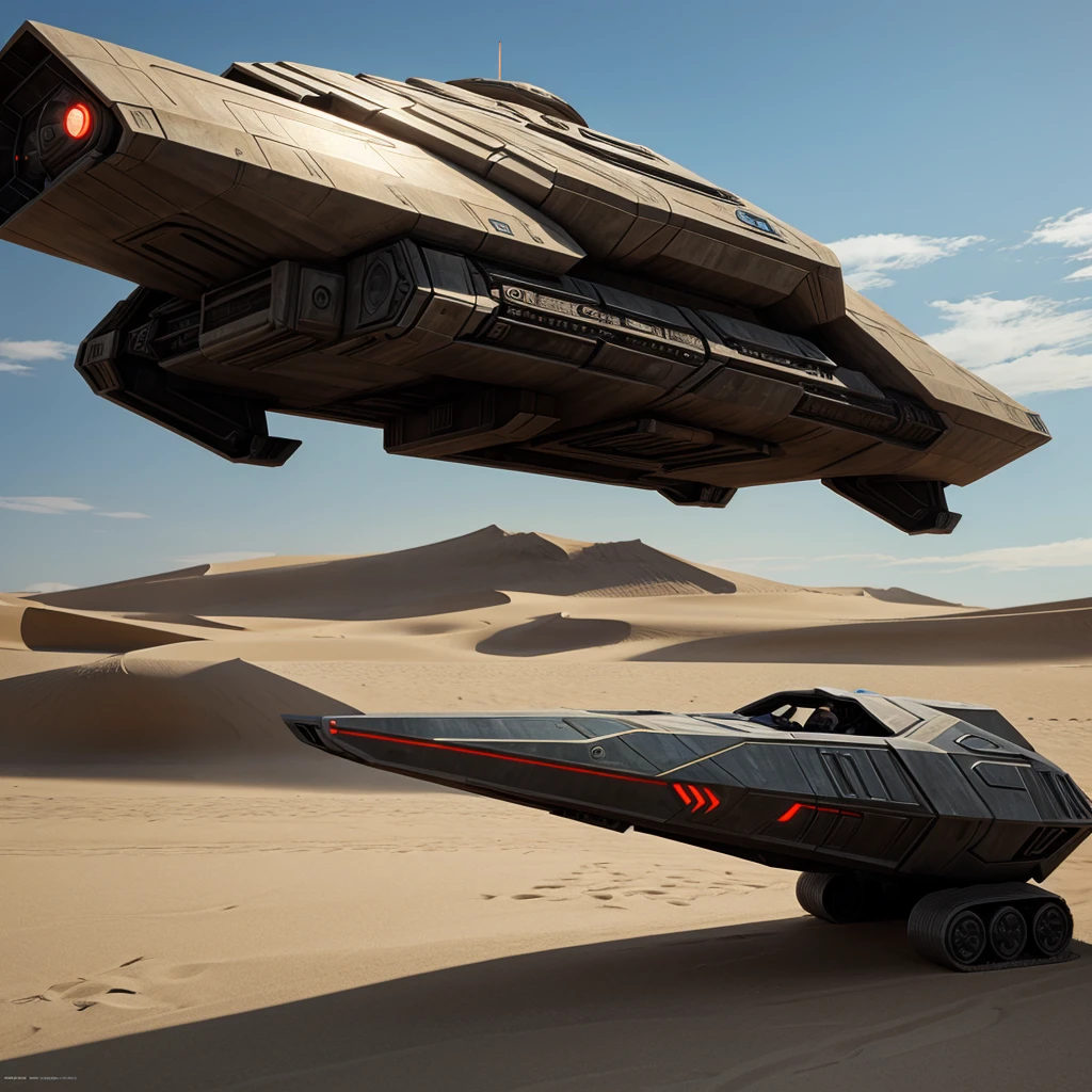 there are two vehicles that are in the sand with smoke coming out of them, film still from dune 2020, syd mead color scheme, asteroids realistic cinematic, background: battle scene, flying ships, parked spaceships, screengrab, valerian, desert scenery, argos, style of gurren lagann (2007), 2019