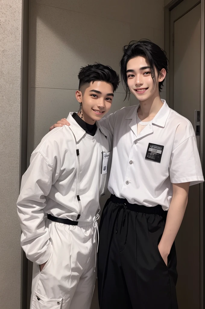 17 year old man dressed as a prisoner, beautiful white skin, black hair, beautiful smile, eyebrow piercing