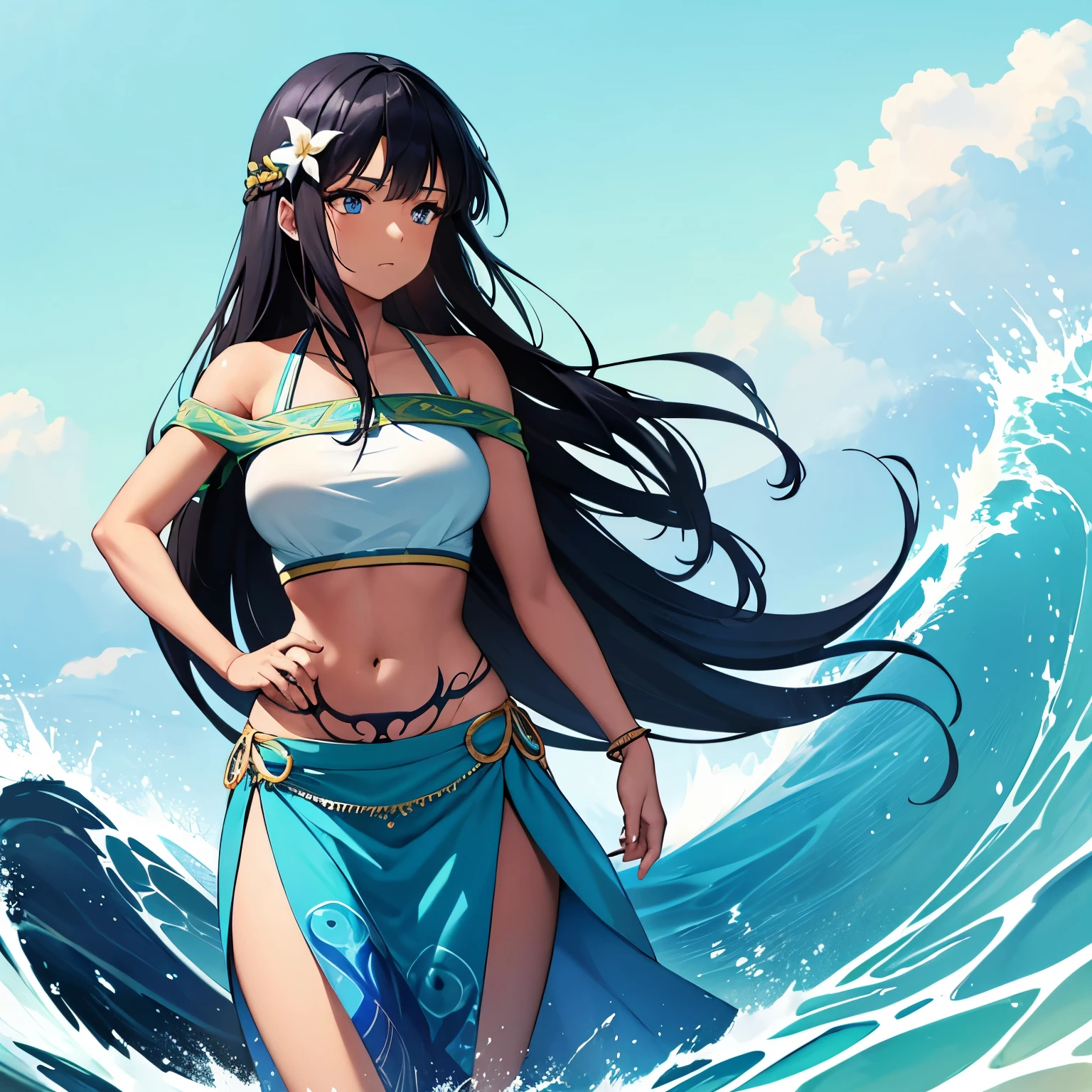1 Hawaiian woman with long hair. dark skin. dark hair. bright blue eyes. She is expressionless and emotionless. She has a symbol of a wave tattooed onto her arm. Wearing a native Hawaiian grass skirt and top. Wearing Hula dancer clothes.
