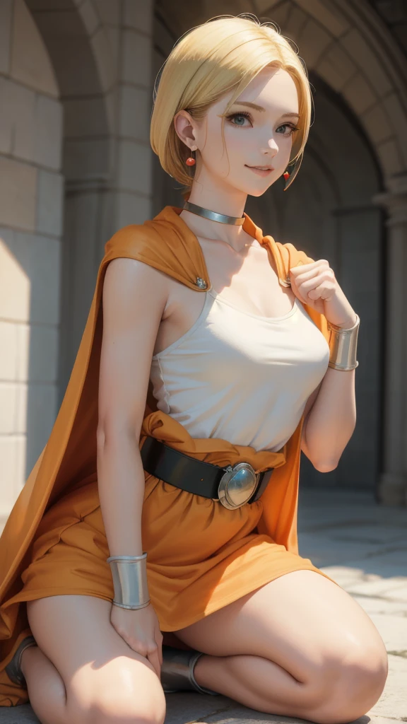 masterpiece, Highest quality, DQ Bianca, Single Blade, Earrings, choker, Blonde, Orange Cape, Green Dress, belt, Kneeling, look up, Hands Behind Back, Facing forward, Small breasts, Upper Body, From the side, smile, fist