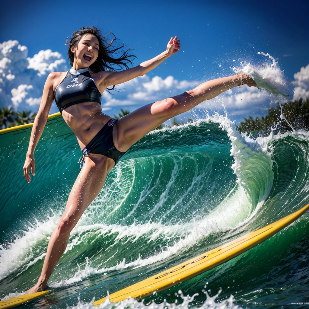 (ZoomedOut:1.28, Wide-shot) (Epic photo of surfer magazine:1.37). (Everything Wetted:1.6) WetHair (extremely detailed KAWAII wet face)(SparklingHighlights:1.28), Dynamic Joyful Expressions LifeLike Rendering  (ManoErina:1.0) . Overflowing Gigantic Sideboob, Detailed wet clothing texture, (Starry Iridescent Particles), (Sloppy Surfboard:-1.2) Riding on waves