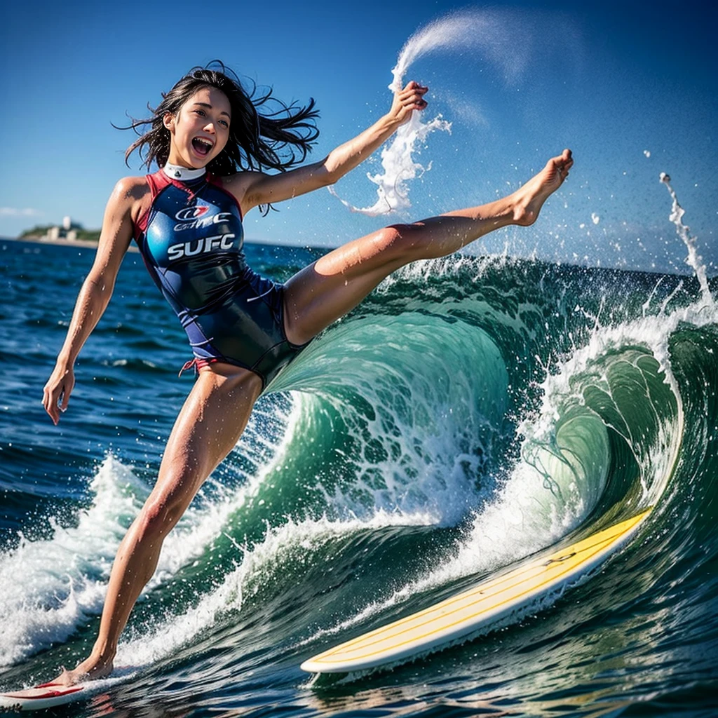 (ZoomedOut:1.28, Wide-shot) (Epic photo of surfer magazine:1.37). (Everything Wetted:1.6) WetHair (extremely detailed KAWAII wet face)(SparklingHighlights:1.28), Dynamic Joyful Expressions LifeLike Rendering (ManoErina:1.0) . Overflowing Gigantic Sideboob, Detailed wet clothing texture, (Starry Iridescent Particles), (Sloppy Surfboard:-1.2) Riding on waves