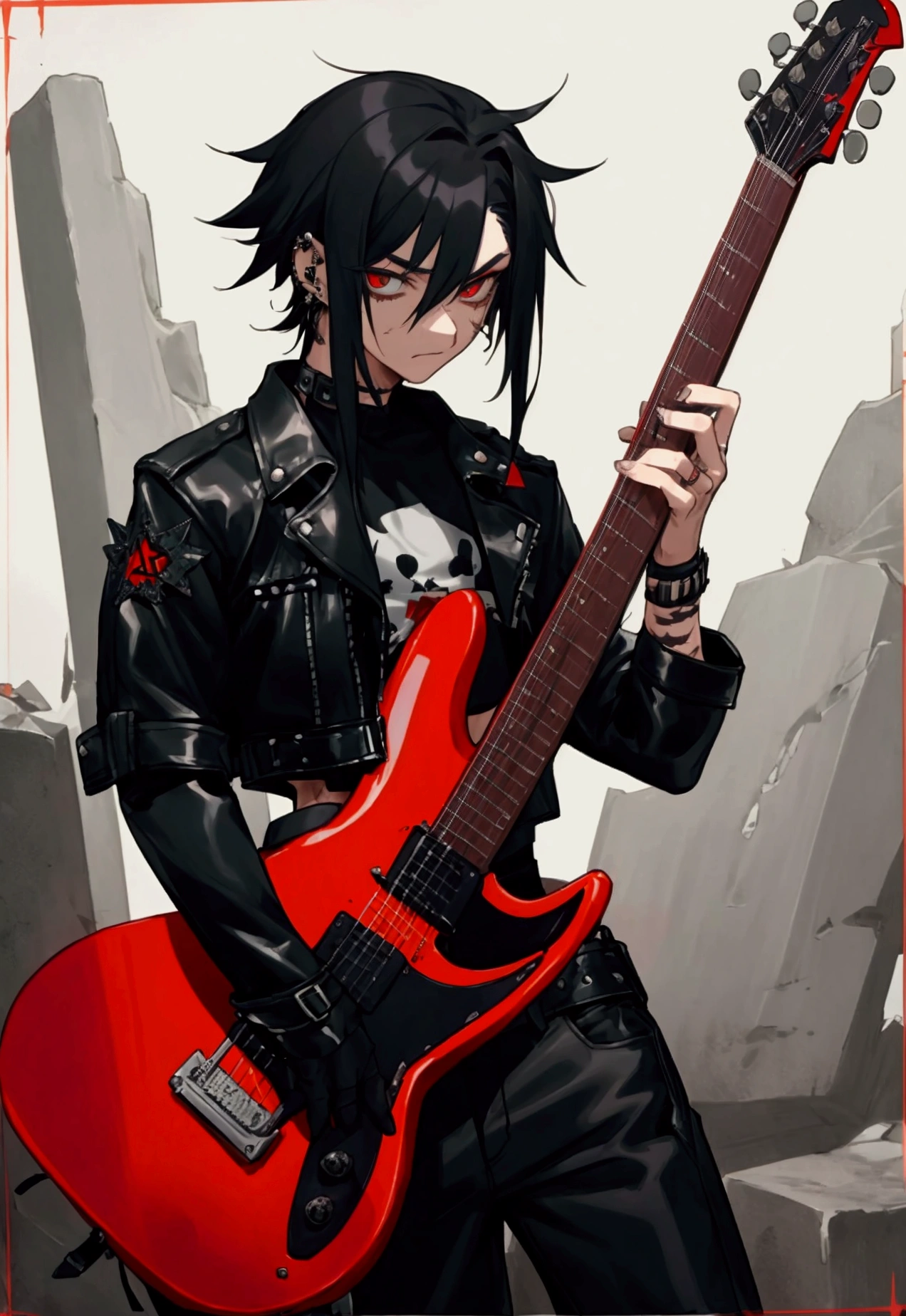 1 men, with scars on arms, alternative style, leather jacket, a rock band t-shirt, waist belt, black pants, piercings, all star, red guitar and shoulder-length black hair.