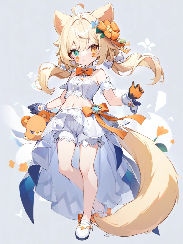 1girl,  animal ears, blonde hair, blue eyes, bow, bowtie,, closed mouth, facial mark, fang, flower, full body, gloves, green eyes, hair flower, hair ornament, heterochromia, orange bow, short hair, solo, standing, tail, , white background, yellow eyes,chest, trousers, white shorts with trousers,cute ,, animal ears, bangs, bare shoulders, blonde hair, blush, bow, breasts, white cleavage, cropped torso, , green eyes, hair ribbon, heterochromia, stlooking at viewer, , orange bow, orange eyes, orange ribbon, ears like an unearthly animal, fluffy tail, light tail, real tail, ribbon, solo, stuffed animal, stuffed bunny, stuffed toy, twintails, upper body, full-length, white legbands, white shoes with lace and white bows, white background, wrist cuffs, yellow eyes, bloomers, close-up, fair skin frills, lace, midriff, skirt, solo, , white background,shorts, white top with ribbon and lace and trousers,trousers, genshin,white slippers with a bow,All clothes are white, laceAt full height, it stands, 