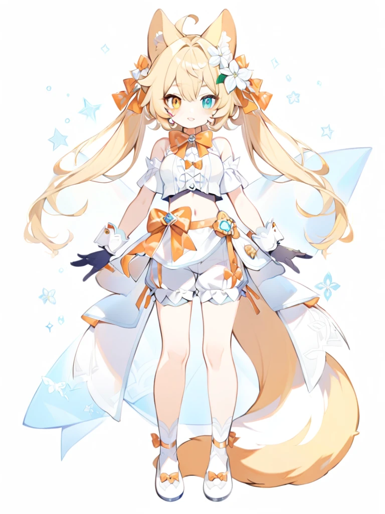 1girl,  animal ears, blonde hair, blue eyes, bow, bowtie,, closed mouth, facial mark, fang, flower, full body, gloves, green eyes, hair flower, hair ornament, heterochromia, orange bow, short hair, solo, standing, tail, , white background, yellow eyes,chest, trousers, white shorts with trousers,cute ,, animal ears, bangs, bare shoulders, blonde hair, blush, bow, breasts, white cleavage, cropped torso, , green eyes, hair ribbon, heterochromia, stlooking at viewer, , orange bow, orange eyes, orange ribbon, ears like an unearthly animal, fluffy tail, light tail, real tail, ribbon, solo, stuffed animal, stuffed bunny, stuffed toy, twintails, upper body, full-length, white legbands, white shoes with lace and white bows, white background, wrist cuffs, yellow eyes, bloomers, close-up, fair skin frills, lace, midriff, skirt, solo, , white background,shorts, white top with ribbon and lace and trousers,trousers, genshin,white slippers with a bow,All clothes are white, laceAt full height, it stands, 