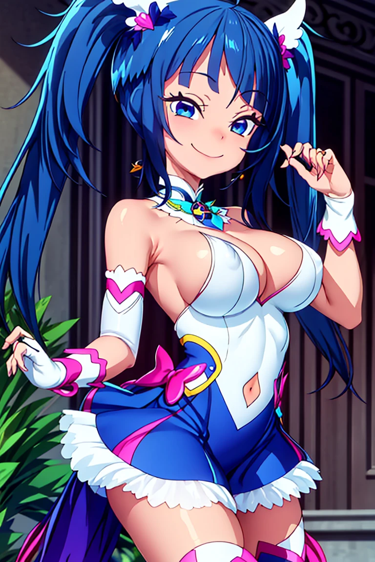Cure happiness, Low Twintails, Feather hair ornament, skirt, tiara, Wrist cuff, Pink shorts, shorts under skirt, boots, corruption, Hollow Eyes, Half closed eyes, Wicked Smile, There are no students, Crazy Smile, Open your mouth, 1 Girl, Mature Woman, Married women, Dark Magical Girl、Large Breasts(Huge breasts:1.8)