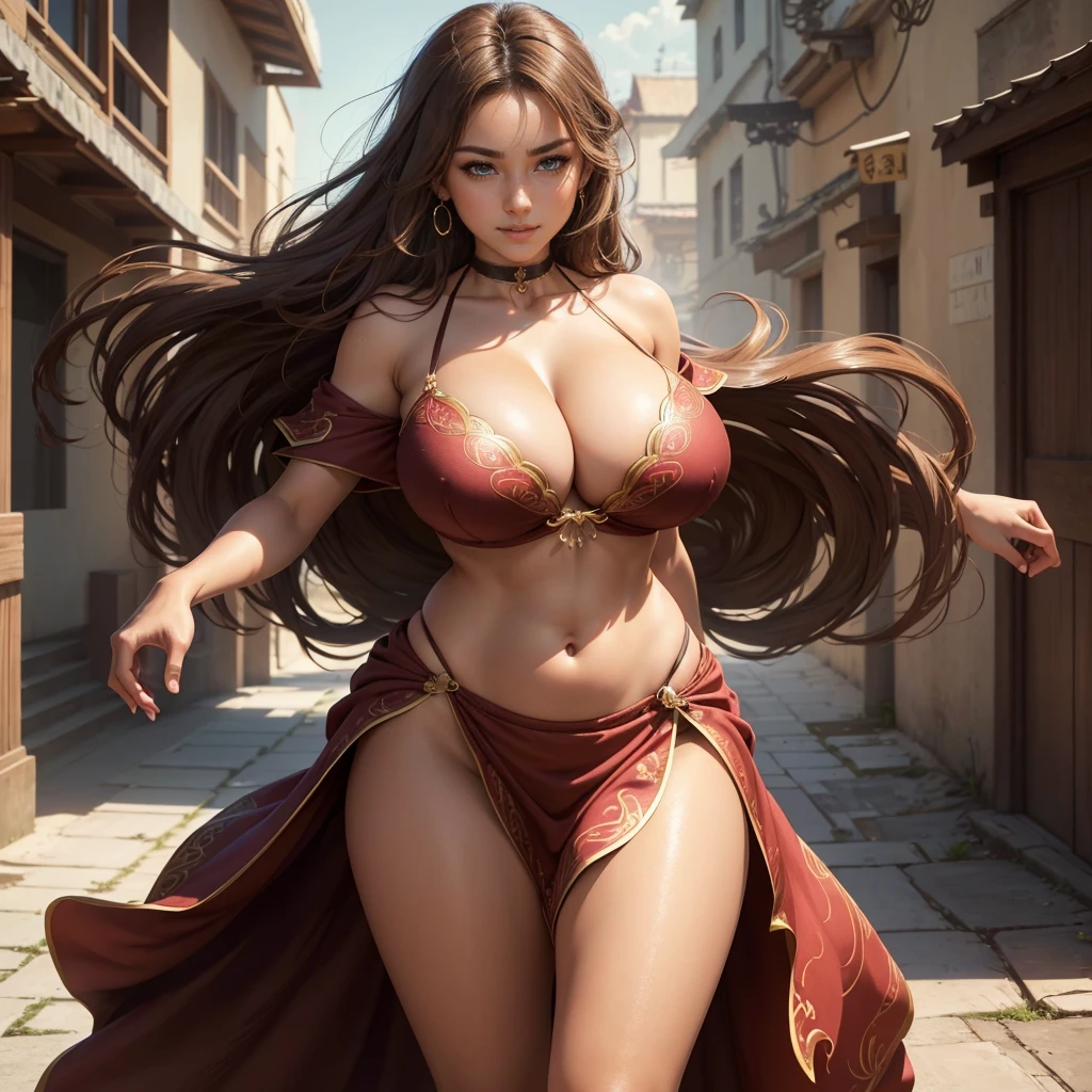 (Highly detailed CG unit 8K wallpaper, masterpiece, High resolution, highest quality, highest quality real texture skin, Super Real, Digital Painting, Best image quality, 最High resolution, 8K, )Very beautiful ager, ((Highly detailed eyes and face)), Beautiful eyes every detail, Full Body Shot, Dazzling, Off the shoulder, micro bikini, long skirts, dress, , chinese style embroidery, ((disproportionate breasts, huge breasts, sagging breasts:1.5, Cleavage:1.5, gigantic breasts, Saggy breasts, Gravity-dependent breasts, Heavy chest, long chest, Heavy chest)), erect nipple, (((tanned skin, brown skin, dark skin, sideboobs))), slender, (smile, grin), Strong winds, typhoon, light brown hair, lewd, Prostitute,
