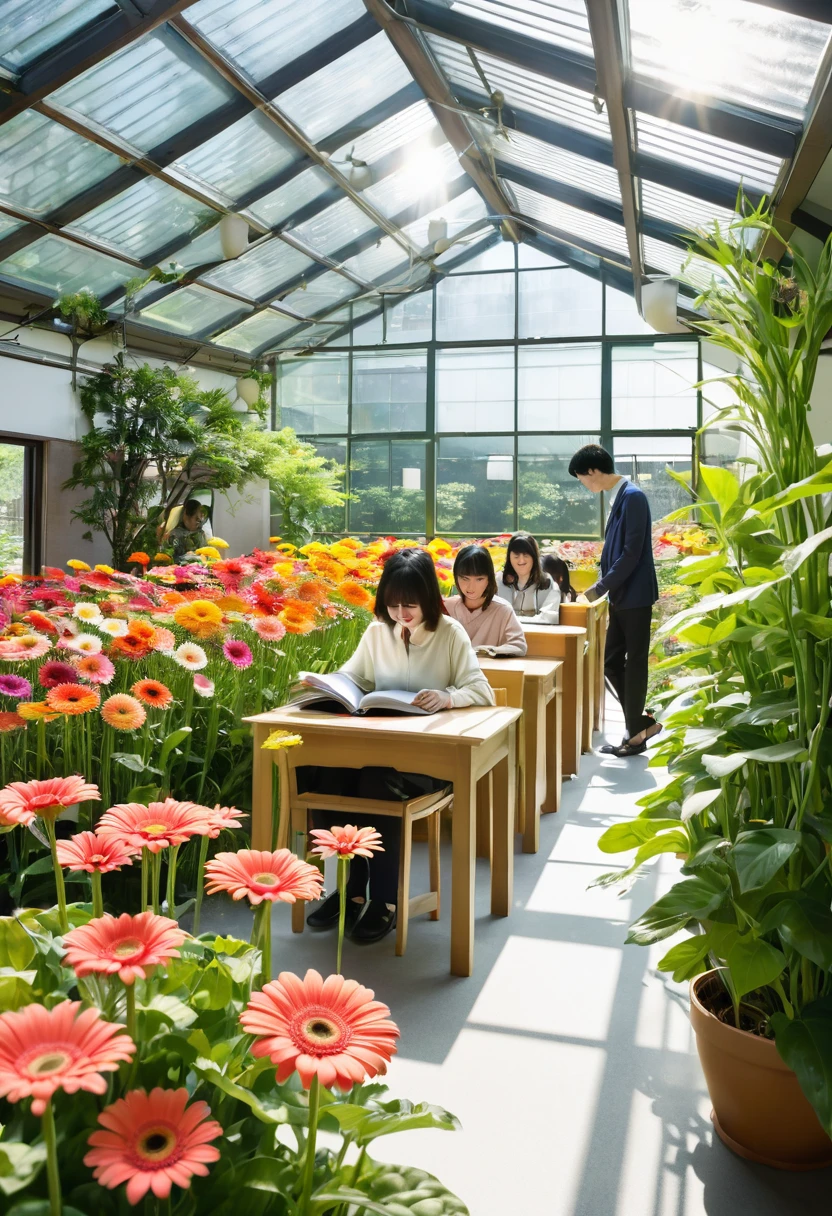 wood、Grass、Surrounded by flowers。　There is a large transparent roof.　大peopleや子供が勉強や仕事をしている。Natural daylight、people々are smiling happily and talking　There is a long desk　There is a chair　A park in the middle of nature　The sunlight pours in　The  is studying　Adults are working　大peopleと子供が話をしている　大peopleと子供は笑顔　子供は16歳の男の子2peopleと女の子2people　20歳の男性と女性3peopleずついる　40歳の女性が2peopleいる 30歳の男性が3peopleいる　Many gerbera flowers in bloom　多くのpeopleが座ってリラックスしている
