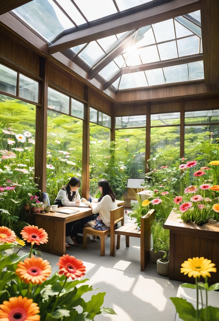 wood、Grass、Surrounded by flowers。　There is a large transparent roof.　大peopleや子供が勉強や仕事をしている。Natural daylight、people々are smiling happily and talking　There is a long desk　There is a chair　A park in the middle of nature　The sunlight pours in　The  is studying　Adults are working　大peopleと子供が話をしている　大peopleと子供は笑顔　子供は16歳の男の子2peopleと女の子2people　20歳の男性と女性3peopleずついる　40歳の女性が2peopleいる 30歳の男性が3peopleいる　Many gerbera flowers in bloom　多くのpeopleが座ってリラックスしている
