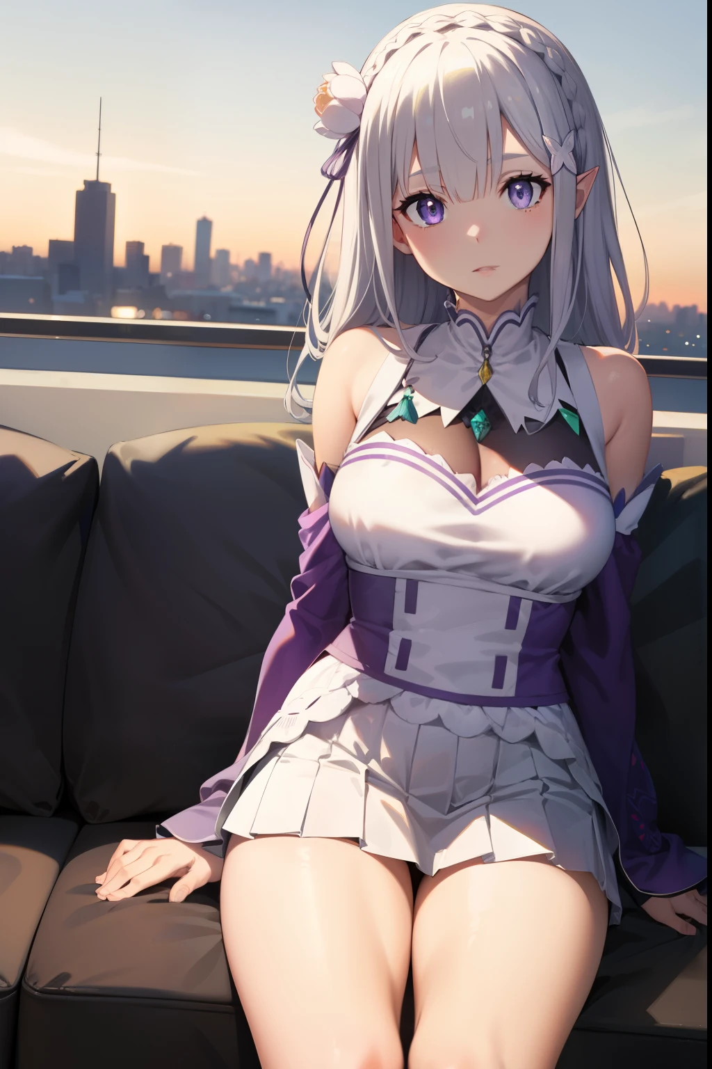 RezeroEmilia, emilia, braid, crown braid, flower, hair flower, hair ornament, hair Love, wide, pointy ears, (purple eyes:1.2), by white, x hair ornament,
BREAK detached neck, separate sleeves, mangas con steering wheels, steering wheels, long sleeves, miniSkirt, pleated Skirt, Love, Skirt, Thighs, white Skirt, white sleeves, white Thighs, wide sleeves, The Great Passage,
REST outdoors, City,
REST looking at the viewer, BREAK (Masterpiece:1.2), Best Quality, high resolution, unity wallpaper 8k, (illustration:0.8), (Beautiful detailed eyes:1.6), extremely detailed face, perfect lighting, Extremely detailed CG, (perfect hands, perfect anatomy), big breasts, deep neckline, big breasts, deep neckline, NSFW 