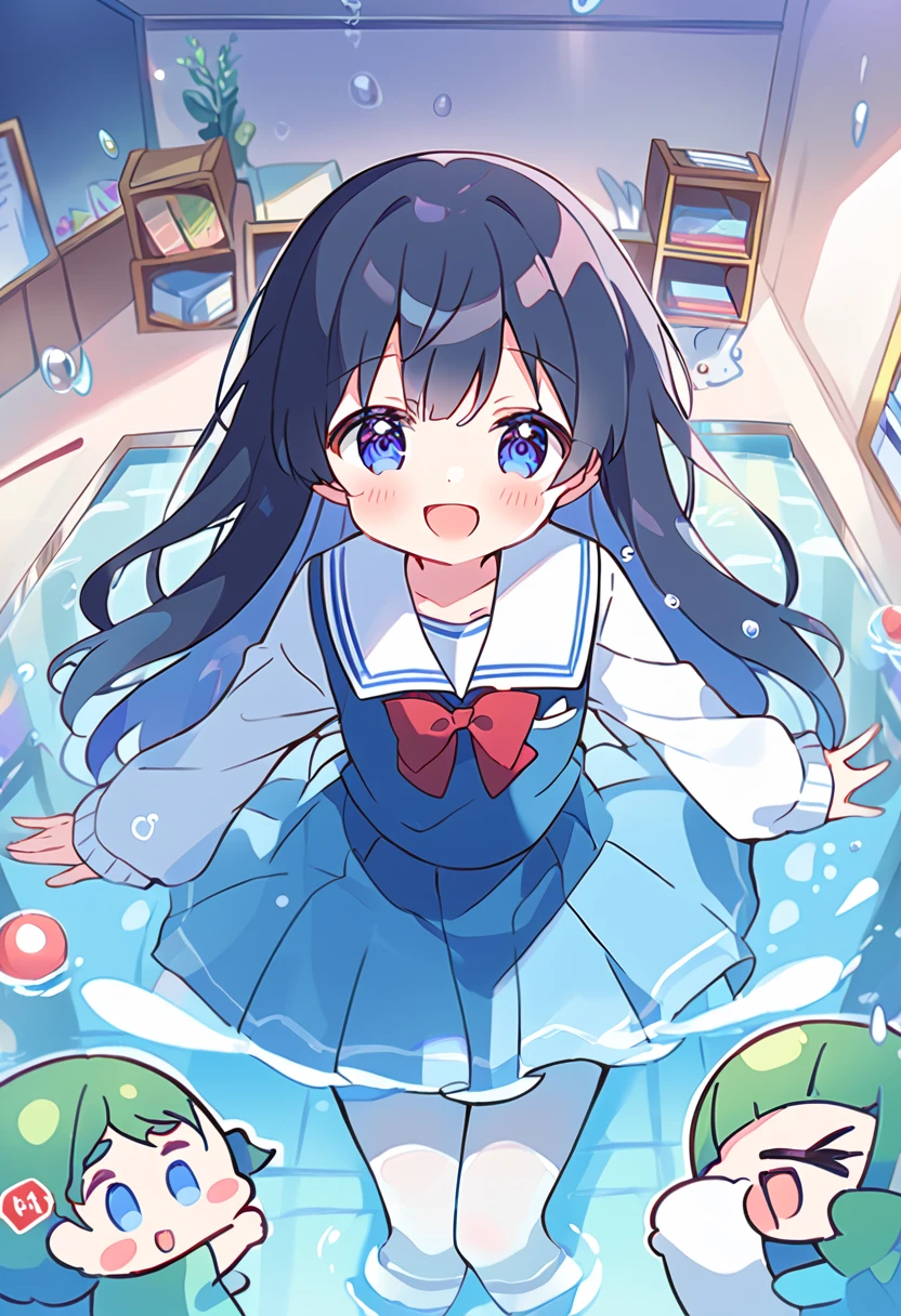 score_9, score_8_up, score_7_up, source_アニメ, masterpiece, 1girl, work, school uniform, blue dress, sailor dress, pinafore dress, white sailor collar,white shirt, red bowtie, long sleeves, flat chest, white pantyhose, loafers, White socks、cowboy shot, looking at viewer, indoors, open mouth, shiny hair, smile, Open your mouth, cuteポーズ, (Completely flooded)、Immersed in water、Transparent pool, Water Play, Primary school students、Skirt fully open、Long wide skirt、cute、blush、Watery eye、Lots of water、Wet、((The skirt spreads over the water surface.))、(Drowning)、