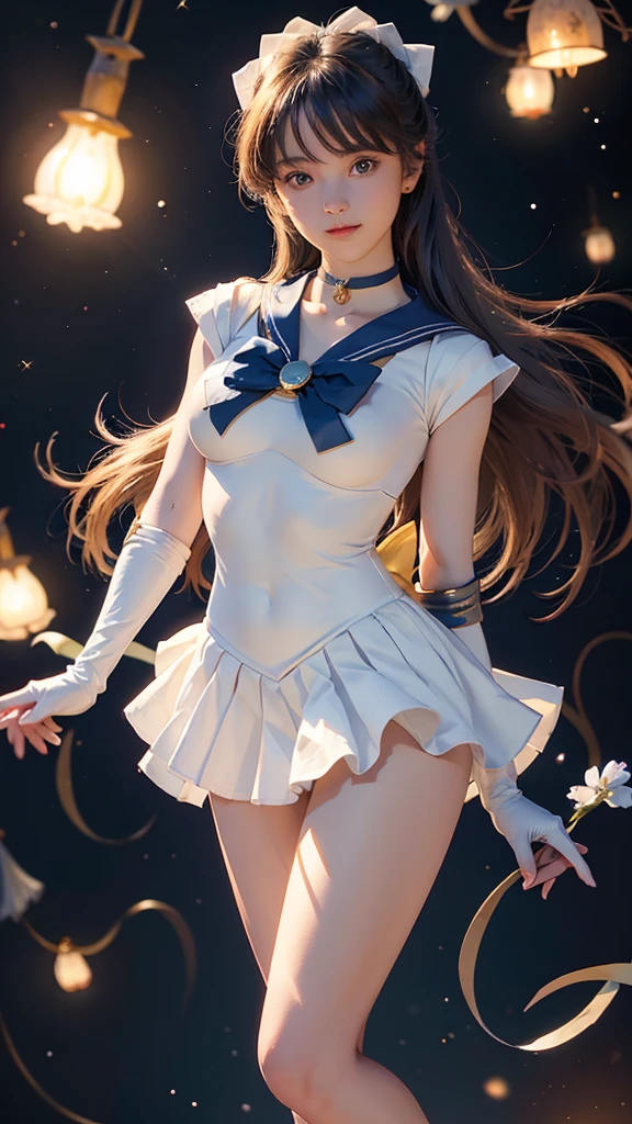 Tabletop, Highest quality, High resolution, sv1, Sailor Warrior Uniforms, Blue Skirt, Blue lace panties visible through a mini skirt、Bikini Panties、white Pantiesー, Visible from under the blue hort term、Elbow Gloves, Tierra, Faltenrock, Folding a mini skirt, white Panties、Beautiful camel toe lace panties、Sword, choker, White gloves, jewelry, Starry Sky, Innocent pose, Easy-going smile, Portraiture, floating, whole, whole body,Future City