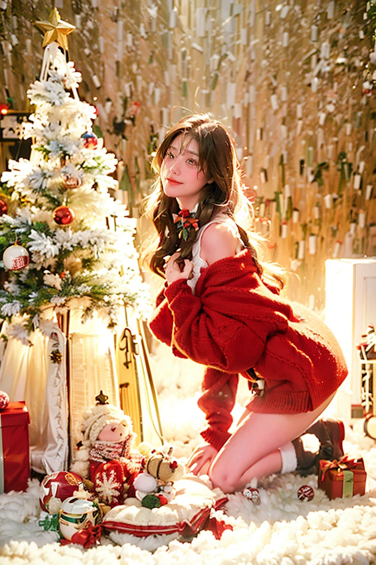 girl,Christmas tree,Brown Hair,Christmasの飾り,gift,Kneel,Long white hair,Brown eyes,Christmas,box,gift boxes,sweater,Red Shoes,smile,Sleeves are longer than the wrist,bs shoulder,Christmas lights,From one side,From one side,Looking into the distance