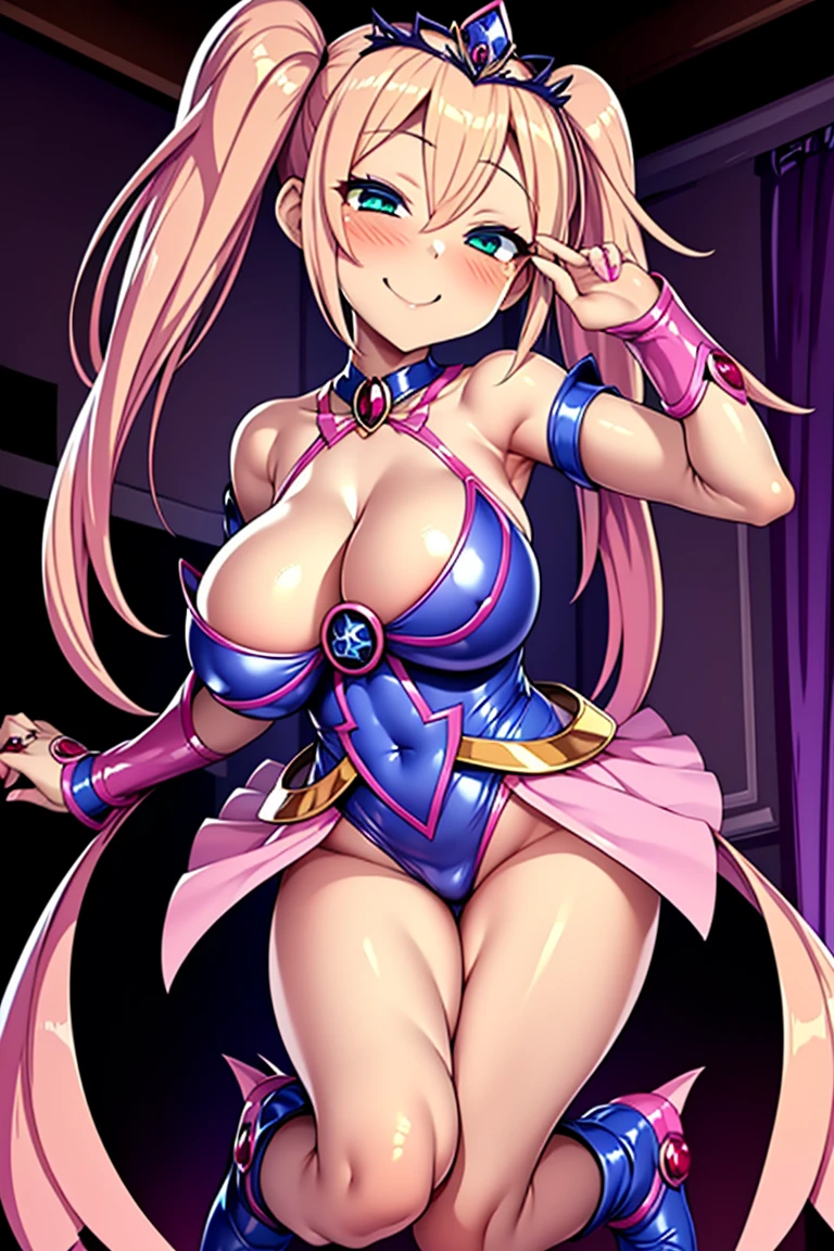 Cure happiness, Low Twintails, Feather hair ornament, skirt, tiara, Wrist cuff, Pink shorts, shorts under skirt, boots, corruption, Hollow Eyes, Half closed eyes, Wicked Smile, There are no students, Crazy Smile, Open your mouth, 1 Girl, Mature Woman, Married women, Dark Magical Girl、Large Breasts（Huge breasts:1.8)