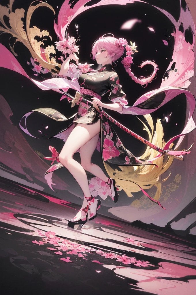 ultra high resolution,((masterpiece))),(((best quality))),((super detailed)),((extremely delicate and beautiful)),(wide shot, wide-angle lens,Panoramic:1.2),super vista,super wide Angle,Low Angle shooting,super wide lens,highly detailed,(masterpiece, top quality, best quality, official art, beautiful and aesthetic:1.2),(fractal art:1.2),
xuer ai yazawa style girl,1girl,solo,holding weapon,katana,floral print,looking at viewer,fighting stance,eastern dragon,braid,floral print,Ink,ink splatter,
(disgust:1.3),(full body:1.4),A shot with tension,(sky glows light magenta,Visual impact,giving the poster a dynamic and visually striking appearance:1.2),Chinese Zen style,impactful picture,